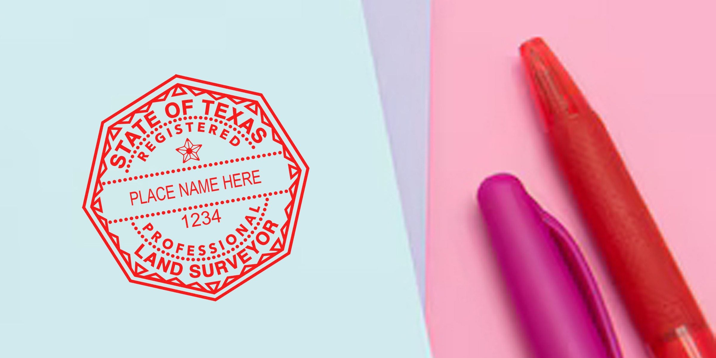 Texas land surveyor seal template with a red professional stamp and colorful pens on a pastel background.