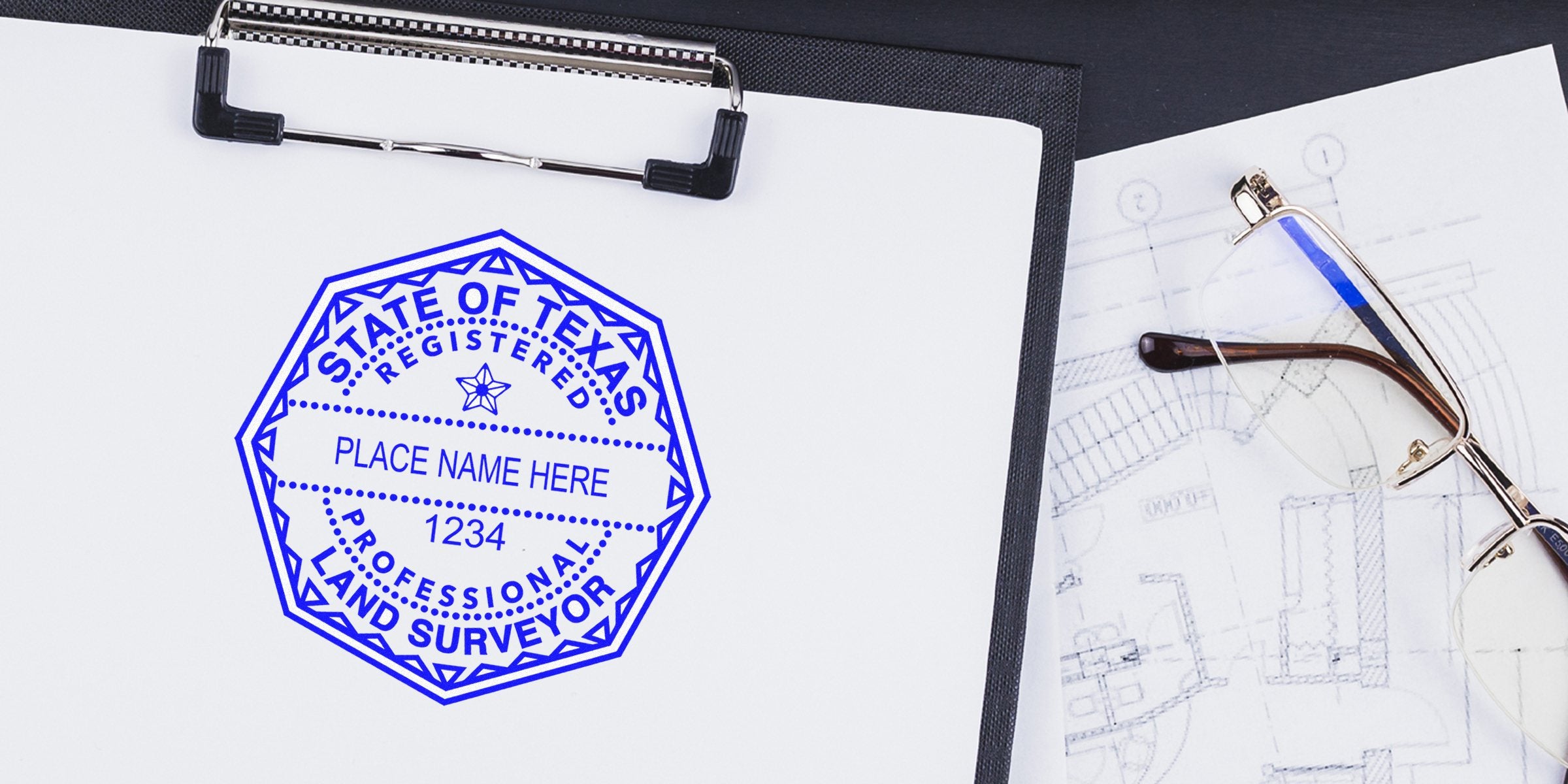 Texas land surveyor stamp on clipboard with blueprints and glasses, emphasizing land surveyor licensing requirements.