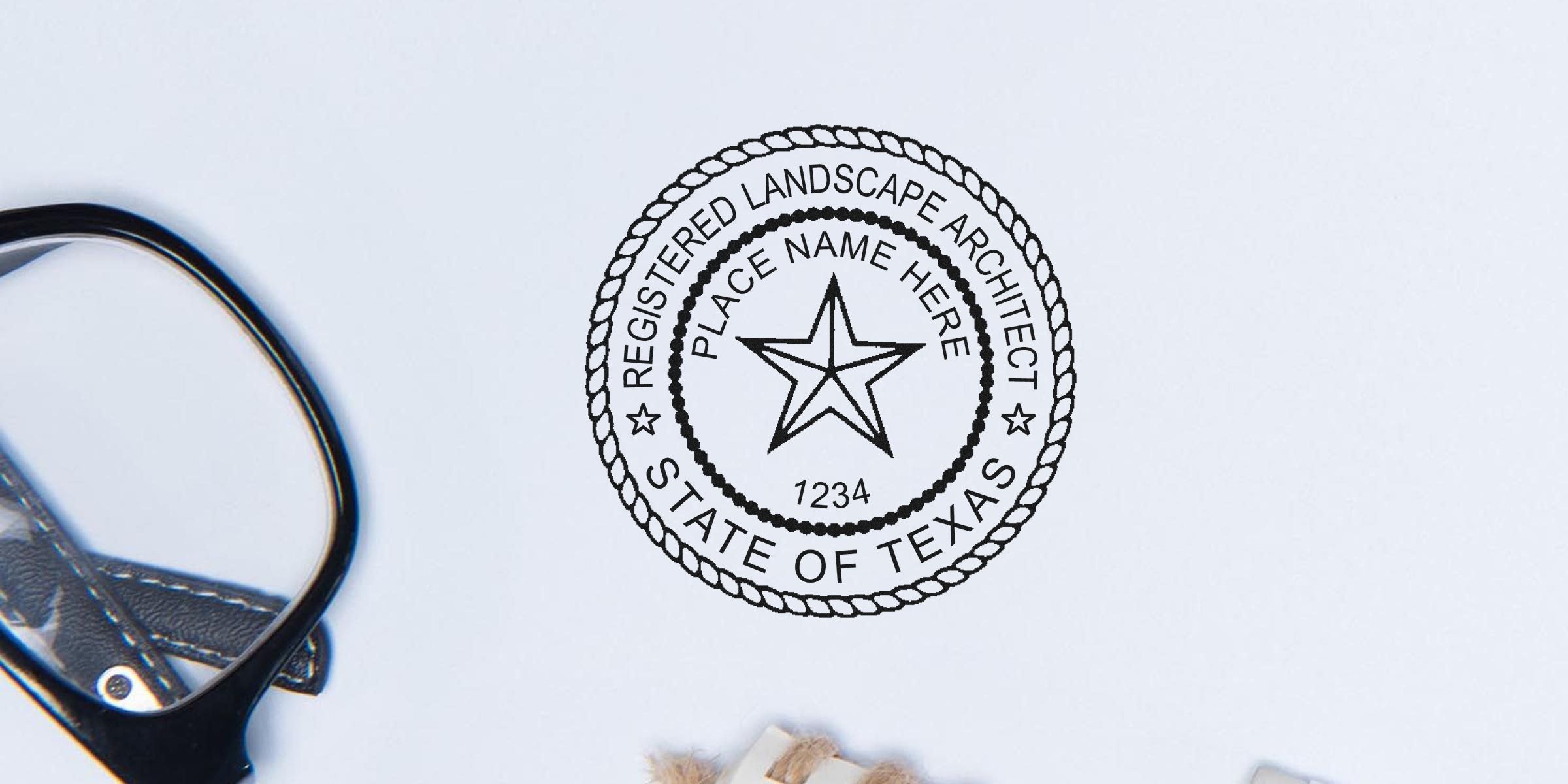 Texas landscape architect seal design checklist with a registered architect seal, glasses, and leather strap on a white background.