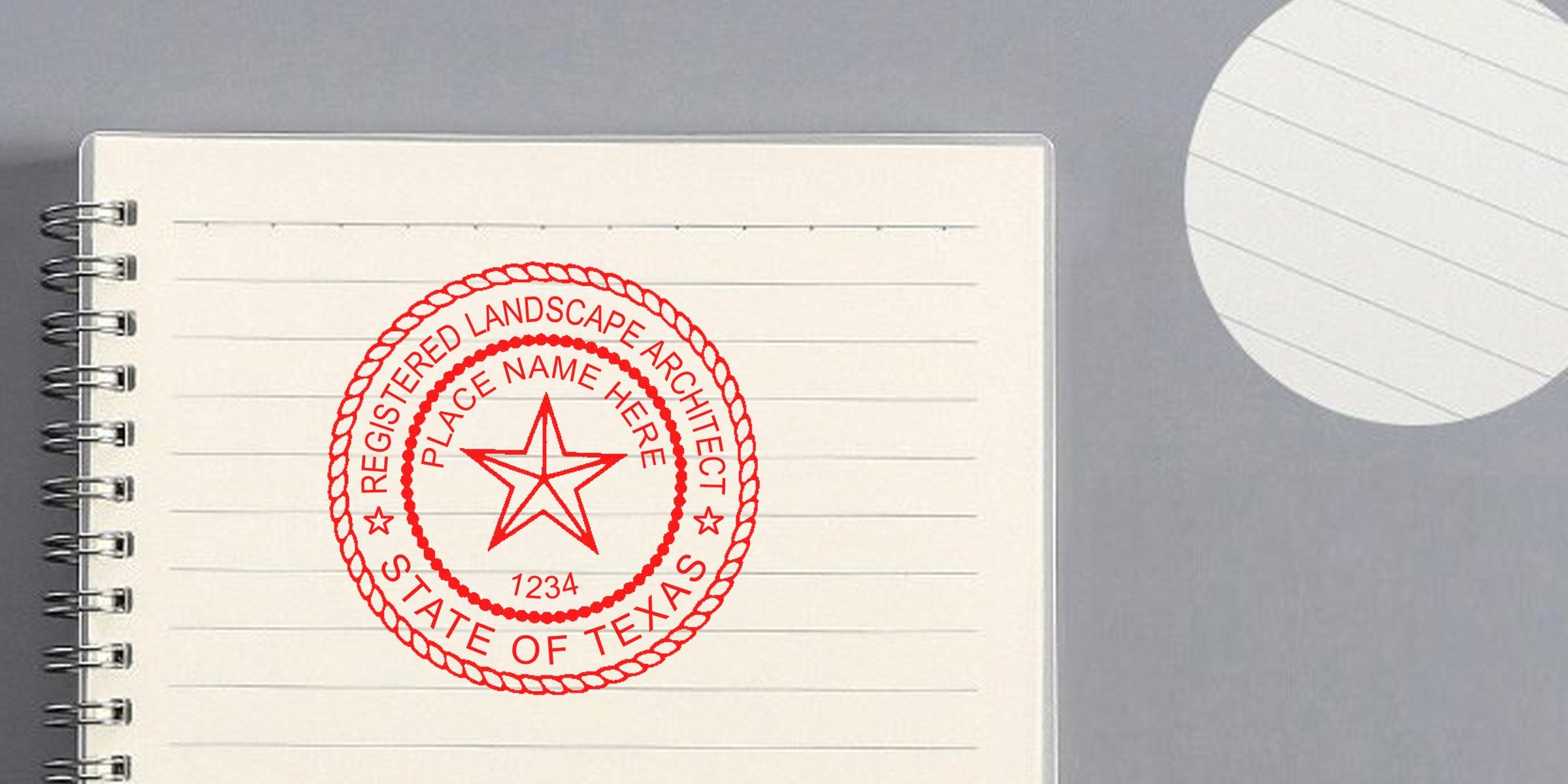 Texas landscape architect seal stamped on notebook paper, used as a certification template for landscape architects.