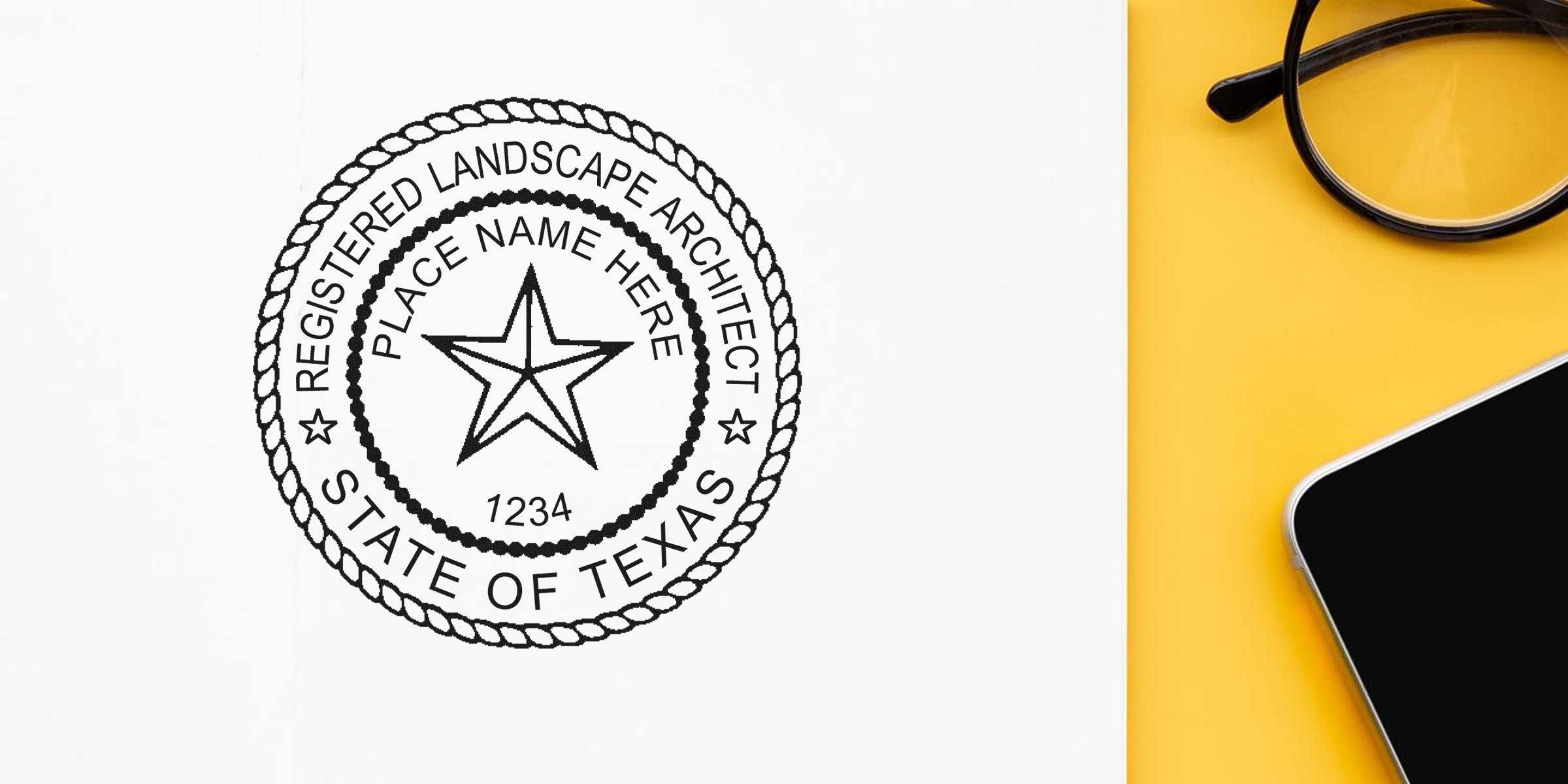 Texas landscape architect seal on white paper with smartphone and glasses on yellow background, emphasizing affordable fees and costs for Texas landscape architects.