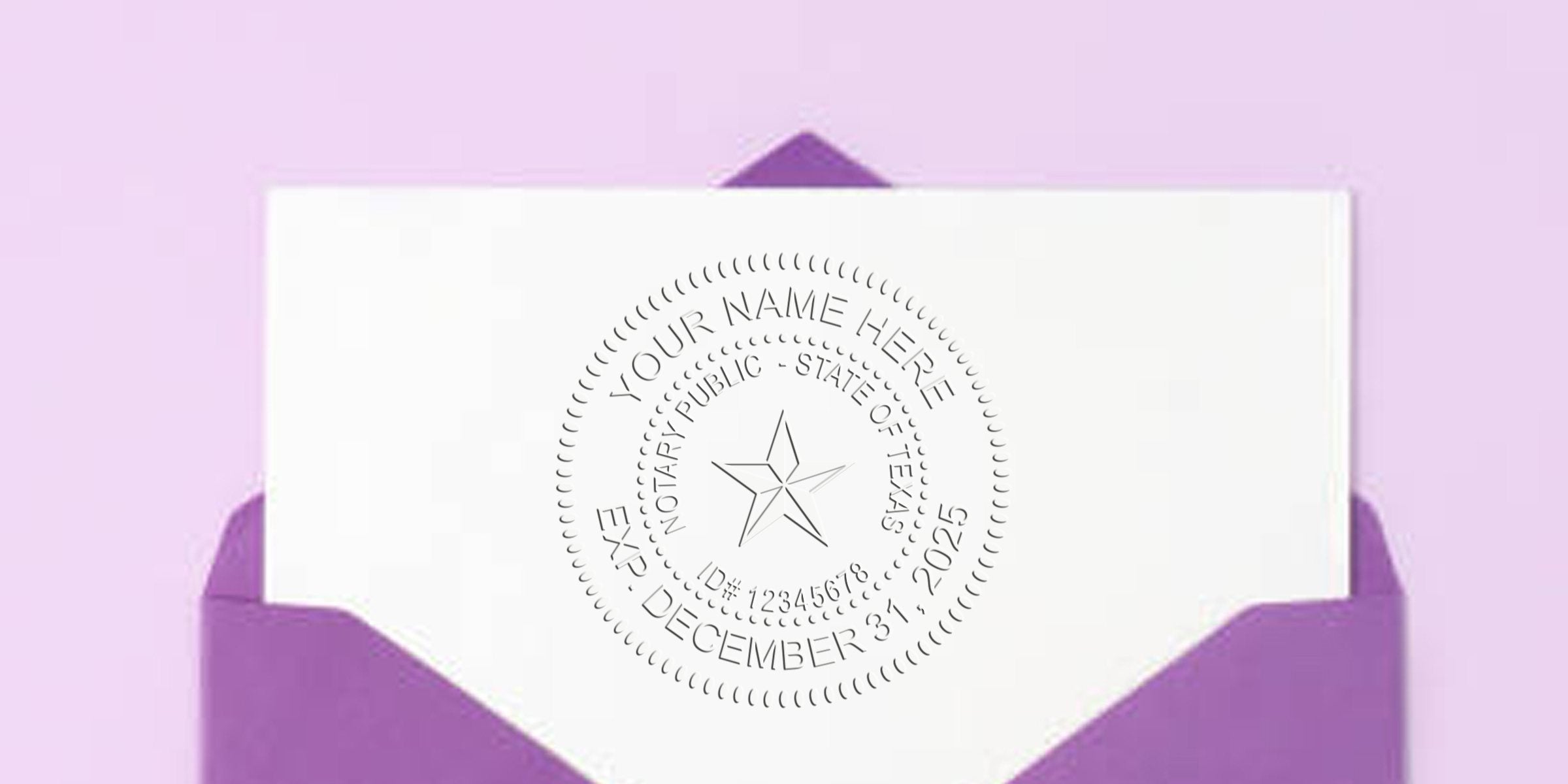 Texas notary stamp on white paper inside a purple envelope, showing tips for Texas notary public services.
