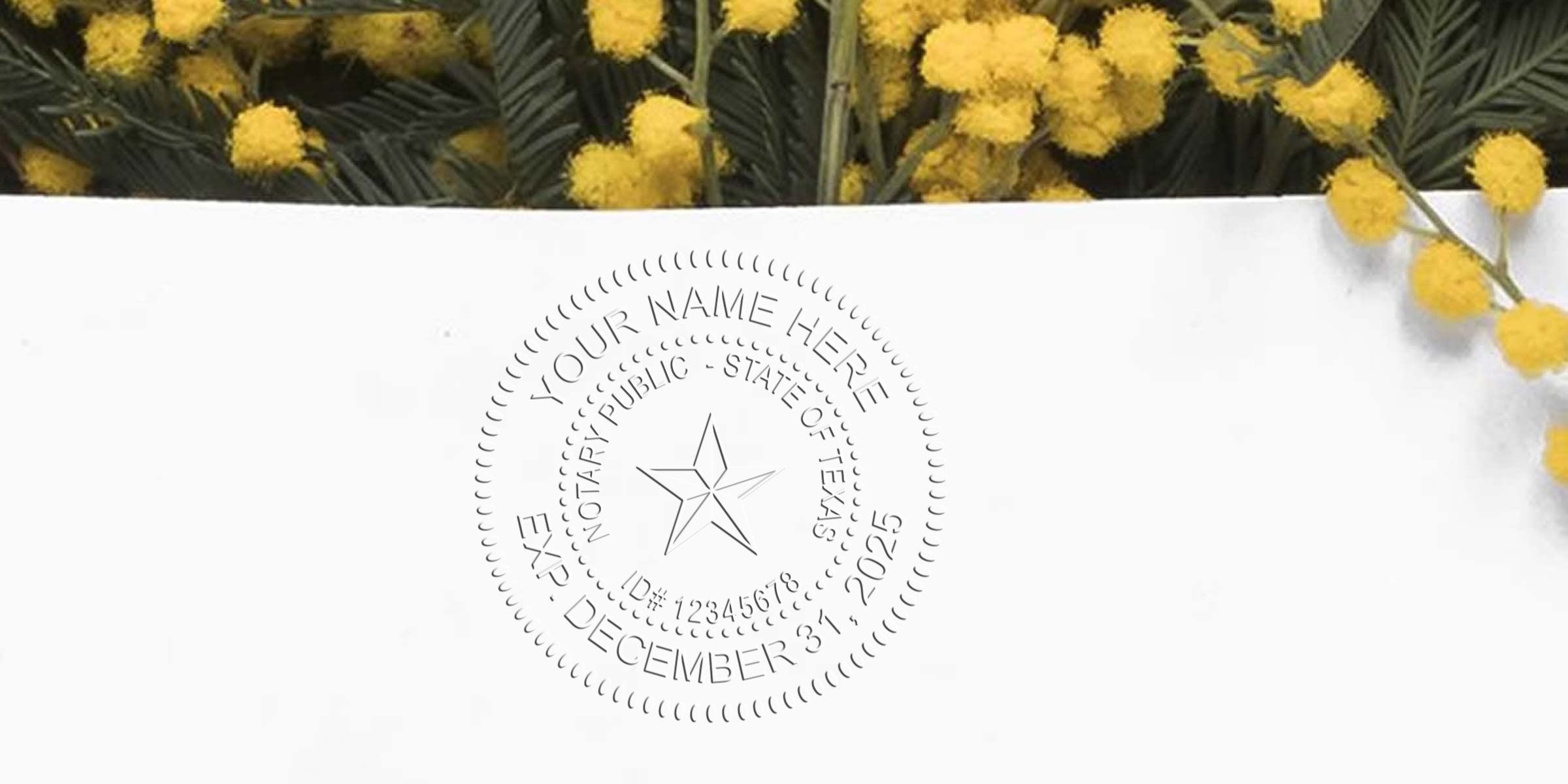 TX notary stamp on white paper with yellow mimosa flowers, featuring Texas notary public seal and stamp tips.
