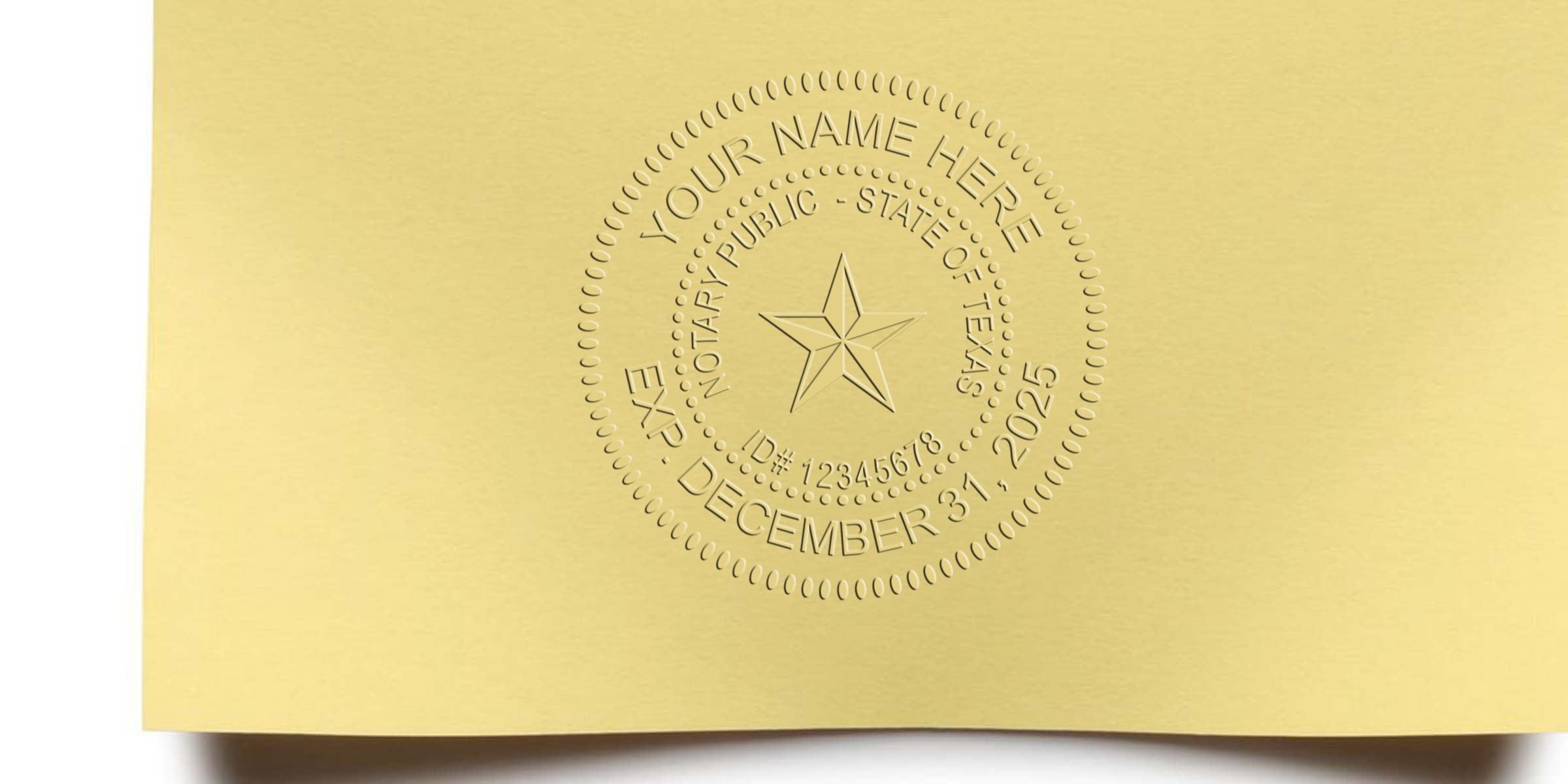 Round Texas notary stamps with a quality embossed seal on yellow paper, featuring the Texas star and expiration date of December 31, 2025.