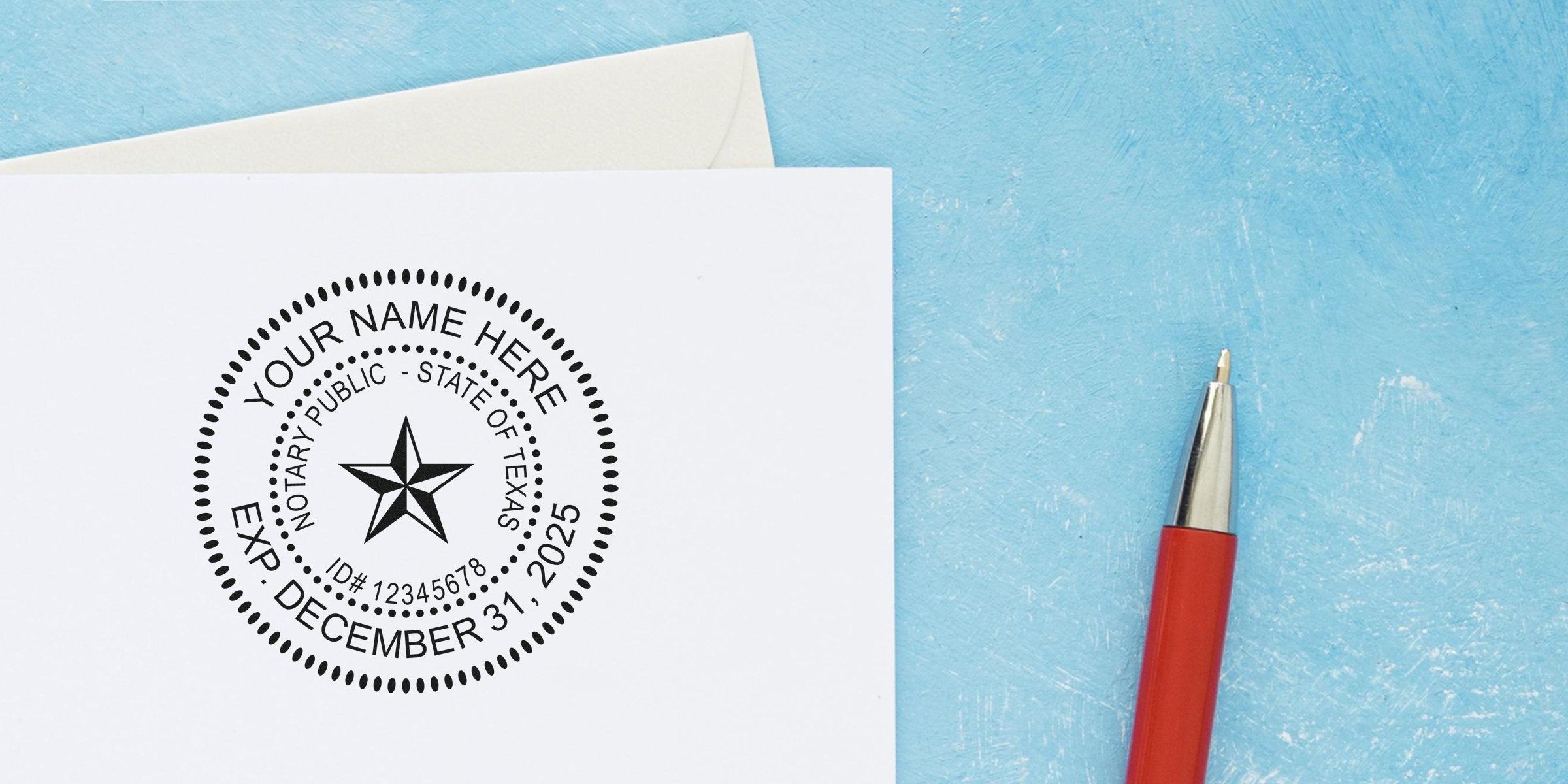 Best Notary Stamp TX: Custom Texas Notary Stamp on white paper with a red pen, displayed on a blue textured background.
