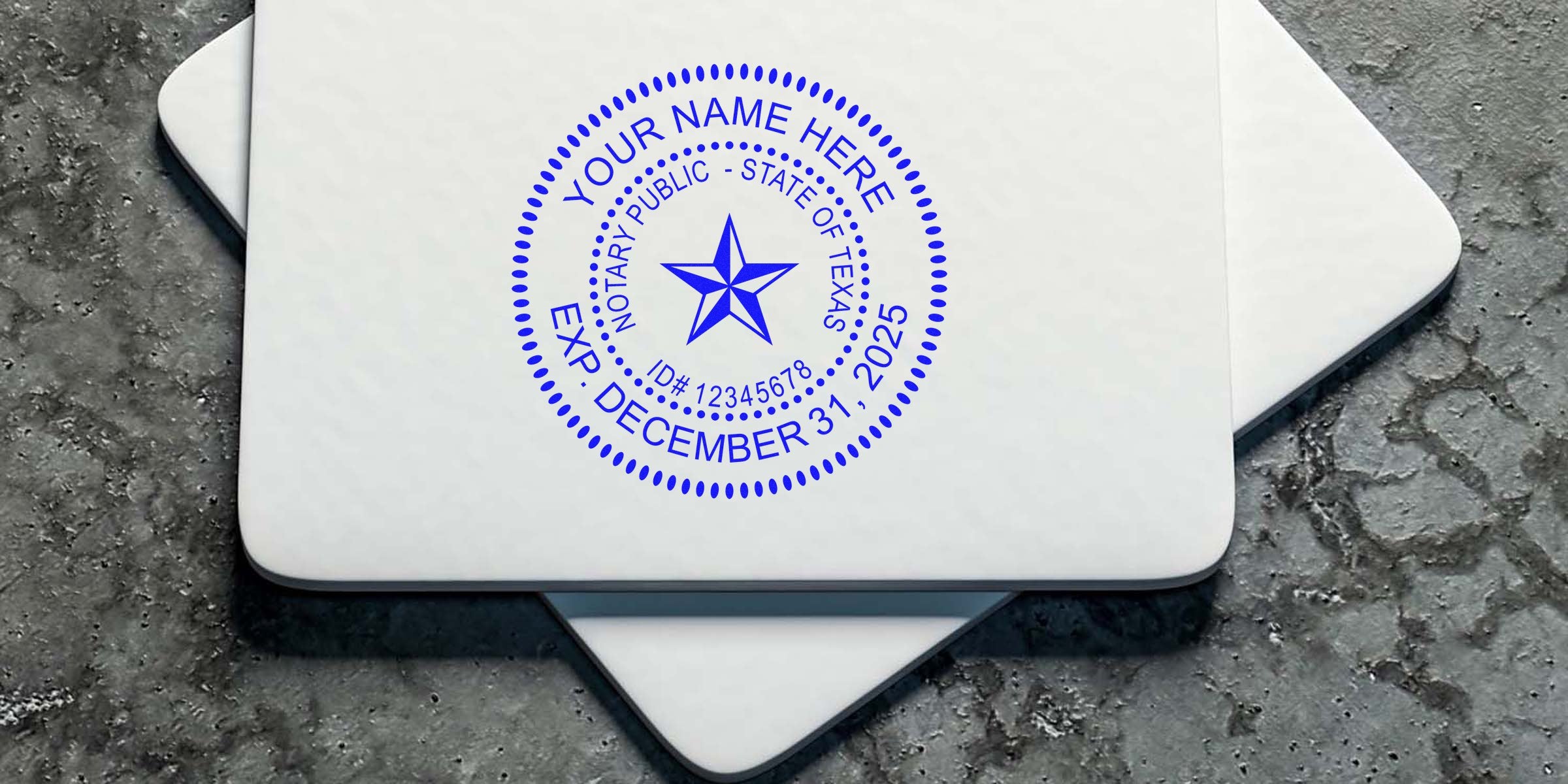 TX Notary Seal stamp with expiration date on white cards, textured surface, compliant with Texas Notary Requirements.