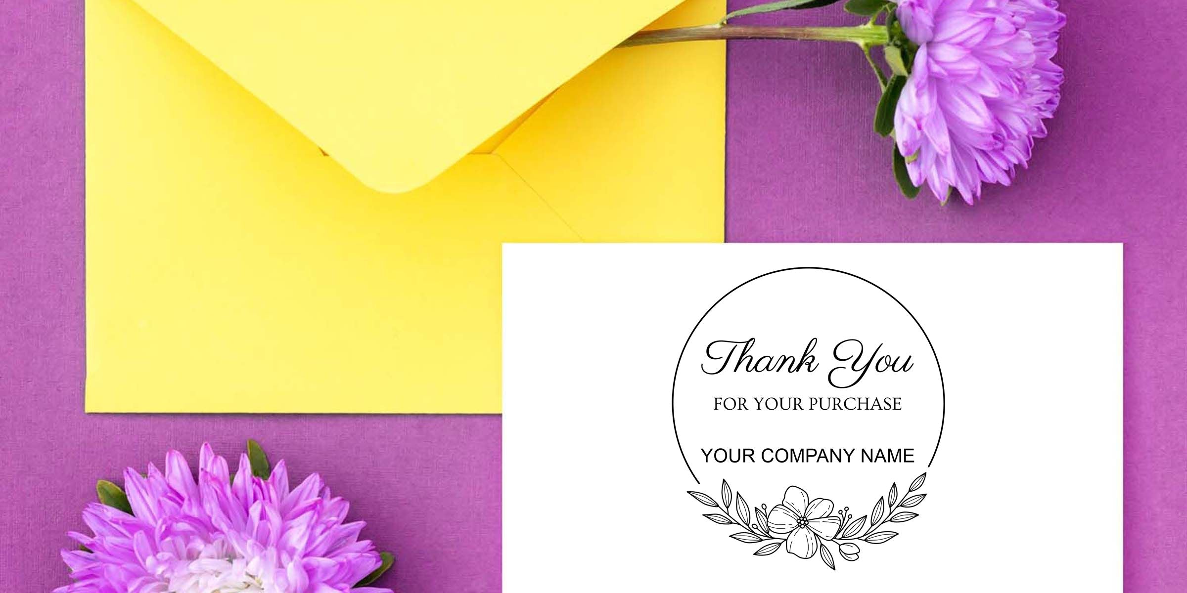 Yellow envelope with purple flowers and a thank you for your purchase card on a purple background