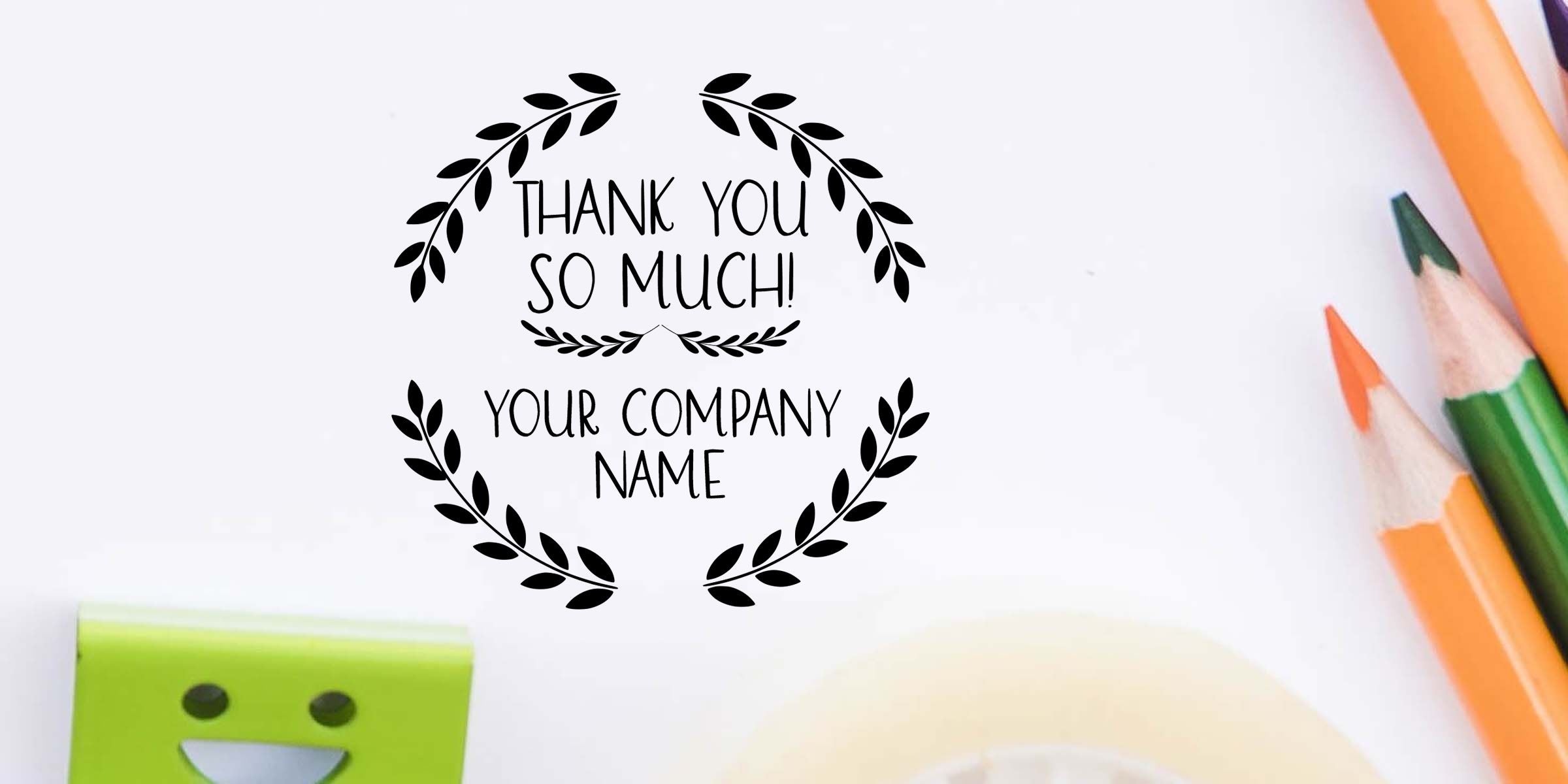 Thank you so much greeting card design with laurel wreath, customizable company name text, and colorful pencils on a white background