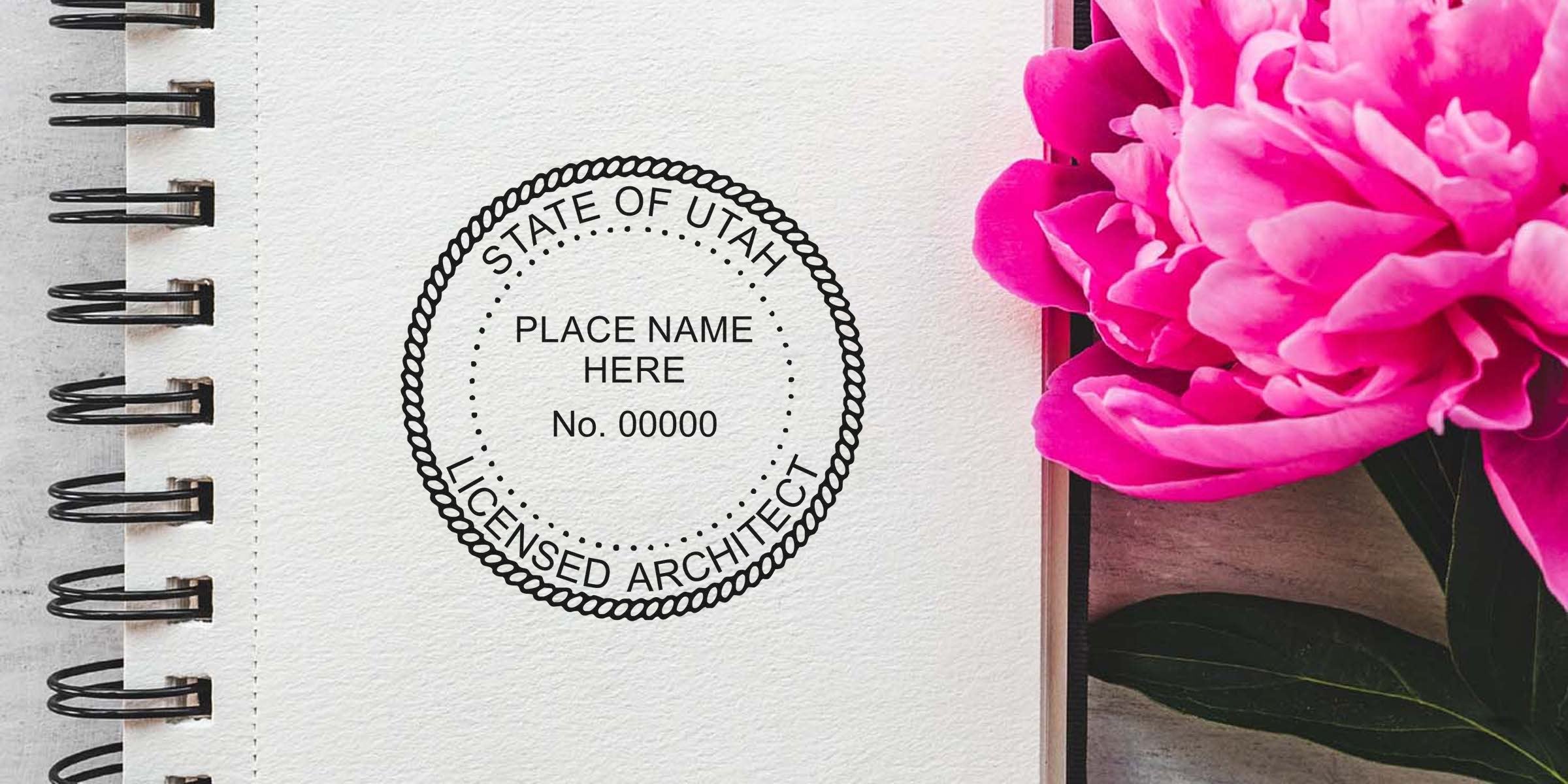 Utah architectural stamp on notebook with pink peony, featuring Utah licensed architect seal and meeting state stamp requirements.