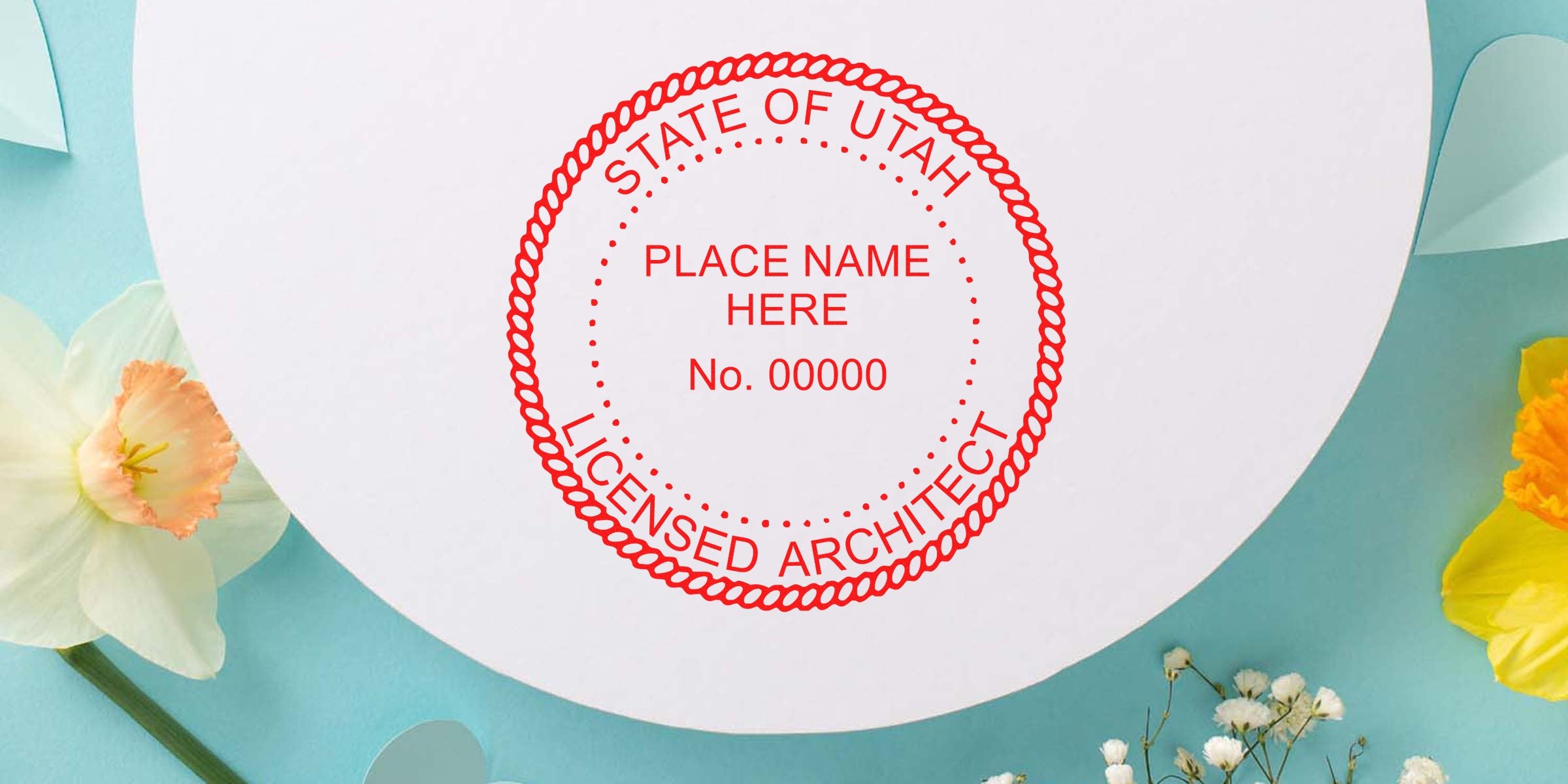 Utah architect stamp with license number and location on white paper, framed by spring flowers.