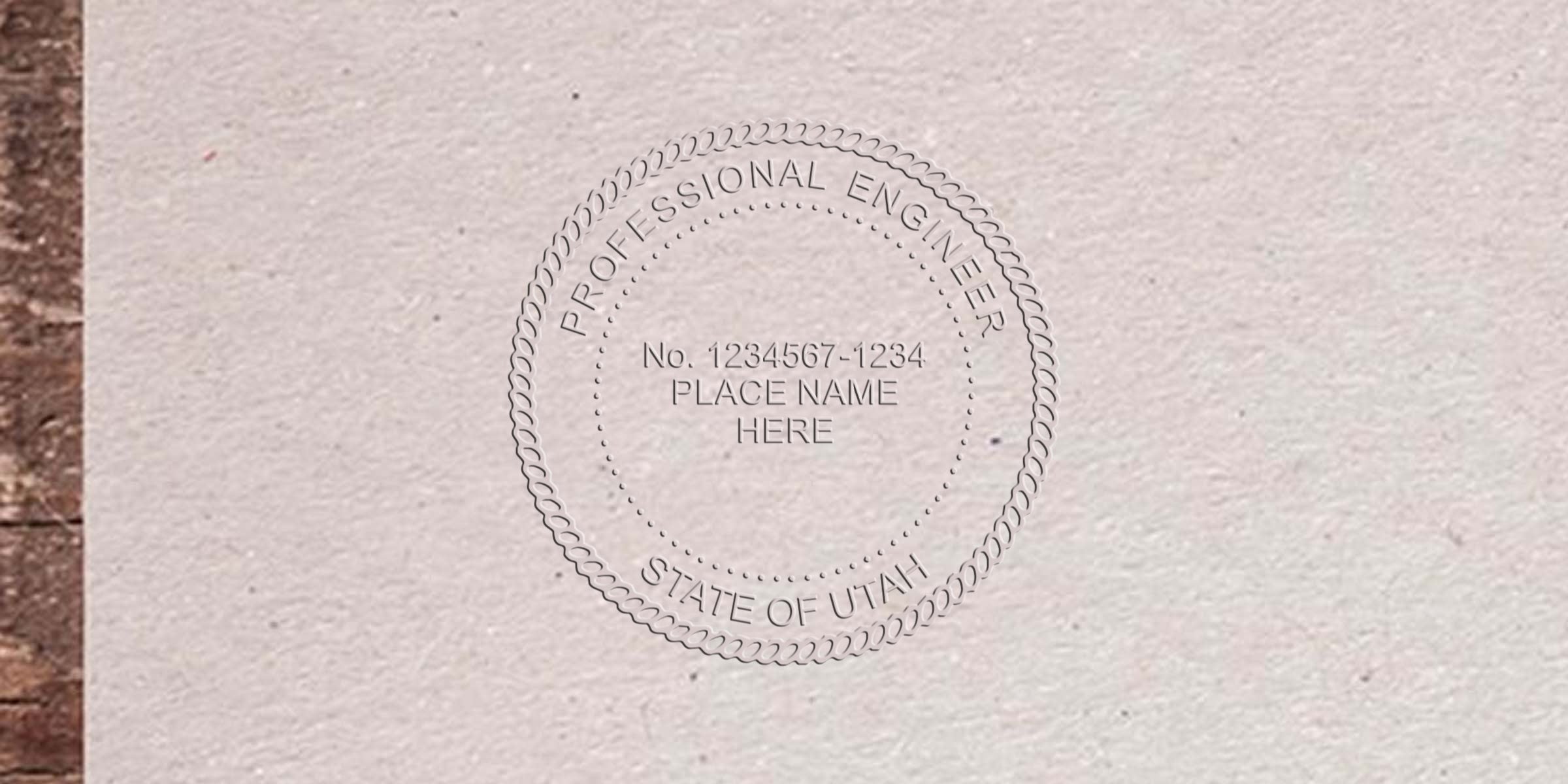 Utah engineer seal embosser creating a custom impression with professional engineer seal stamp and Utah license number embossed on paper.