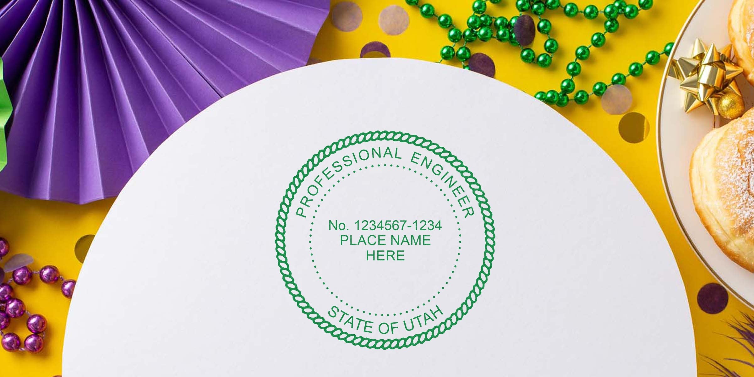 UT PE Seal stamp with professional engineer seal, Mardi Gras decor, and donuts on yellow background, showcasing PE Seal details.