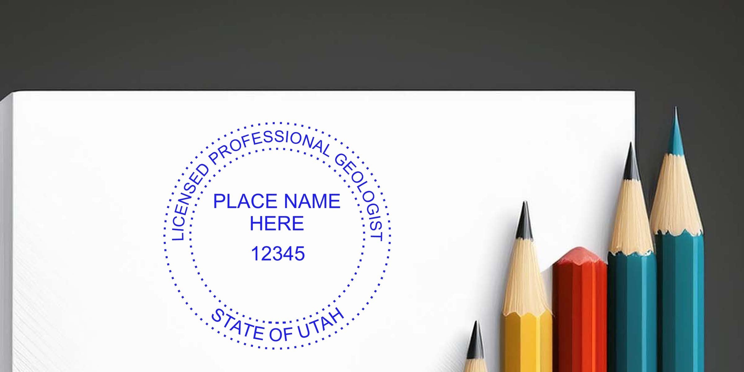 Licensed professional geologist stamp on white paper with colored pencils, symbolizing Utah Geologist Stamp and License Renewal.