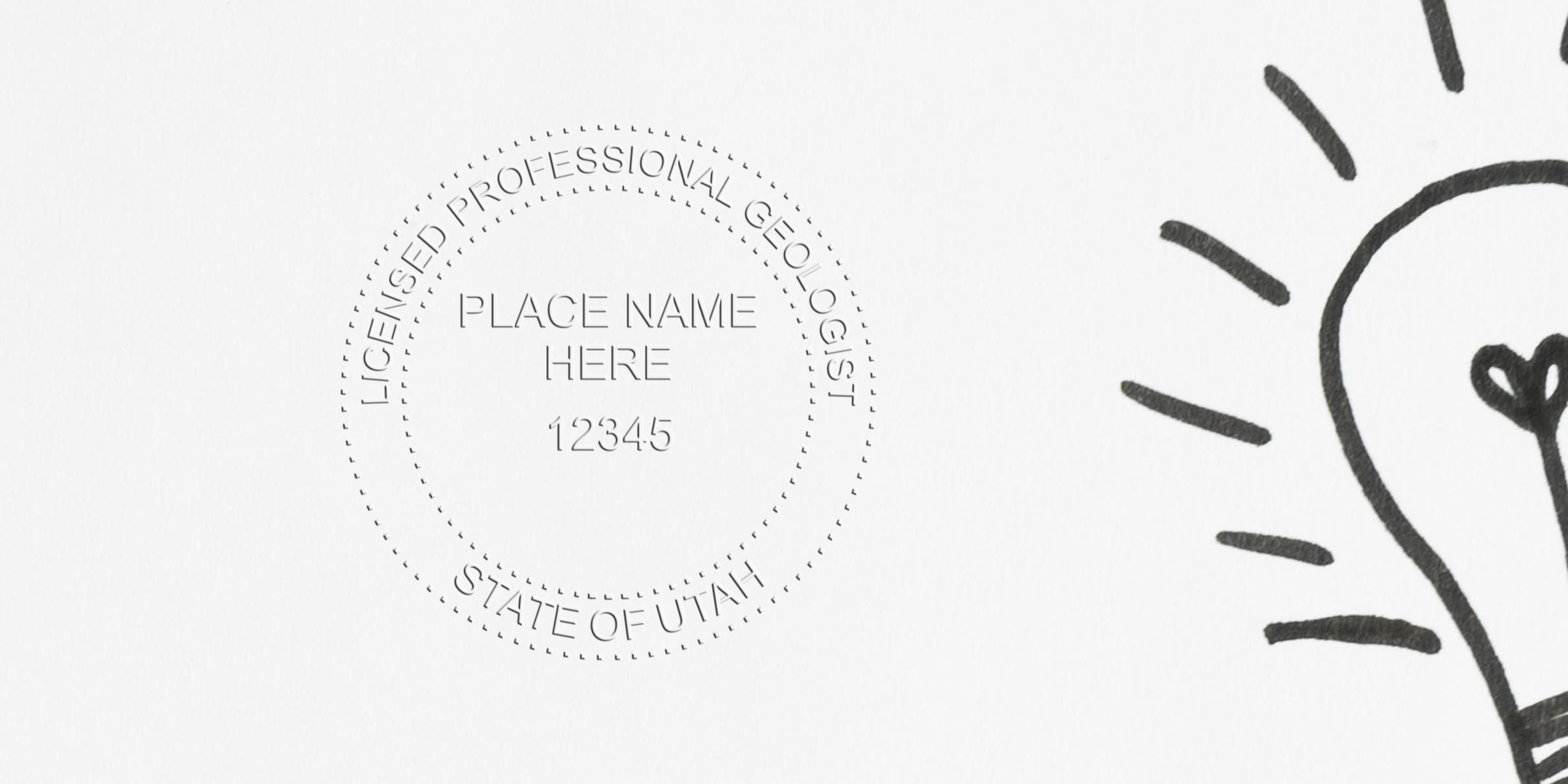 Licensed Utah Geologist Stamp with a seal showing a light bulb sketch, symbolizing geology ideas, meeting all Geologist Stamp Specifications.