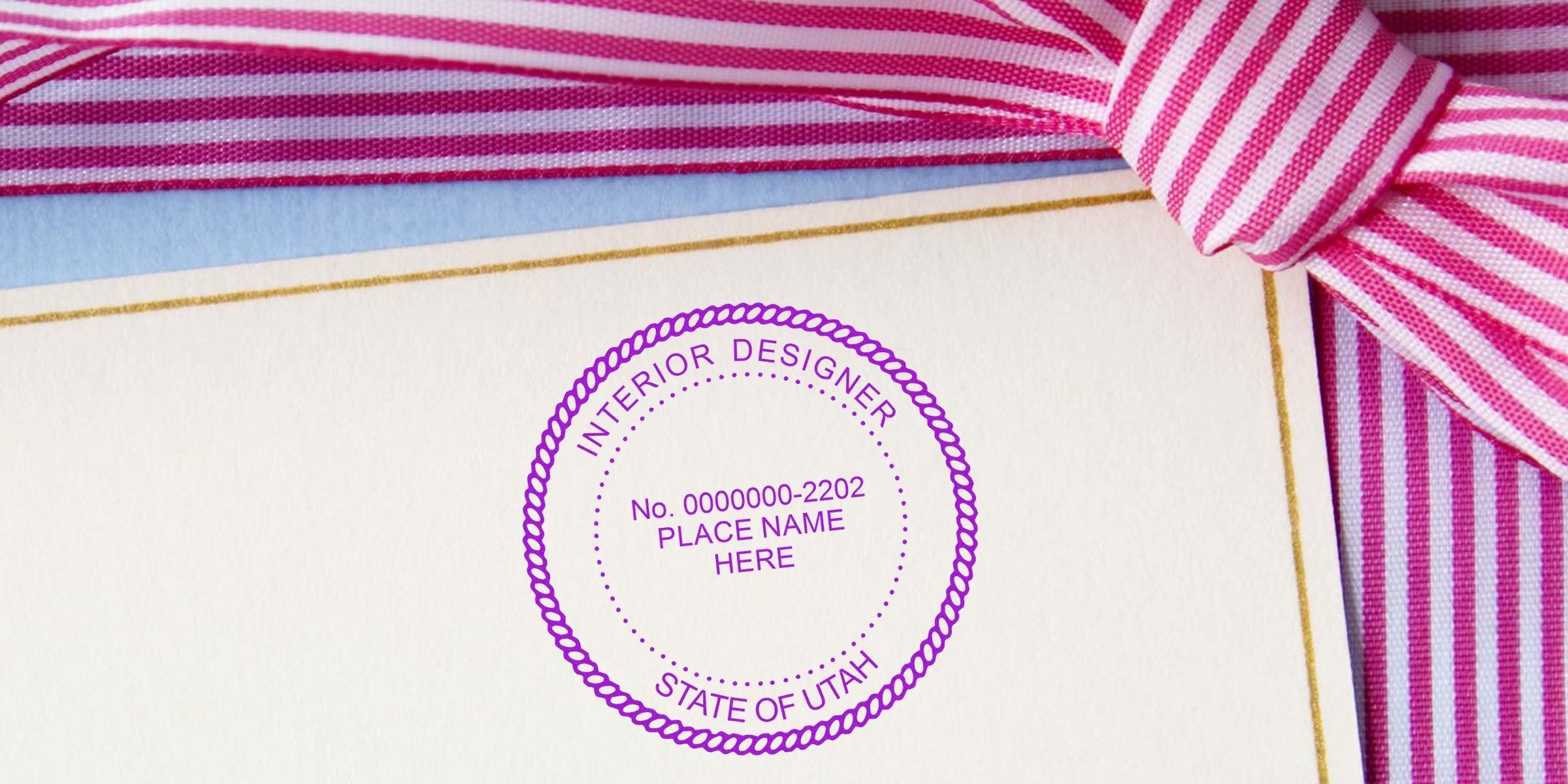 Utah interior designer verification with official Seal of Approval, certification stamp on paper, pink striped ribbon, and professional interior designer license.
