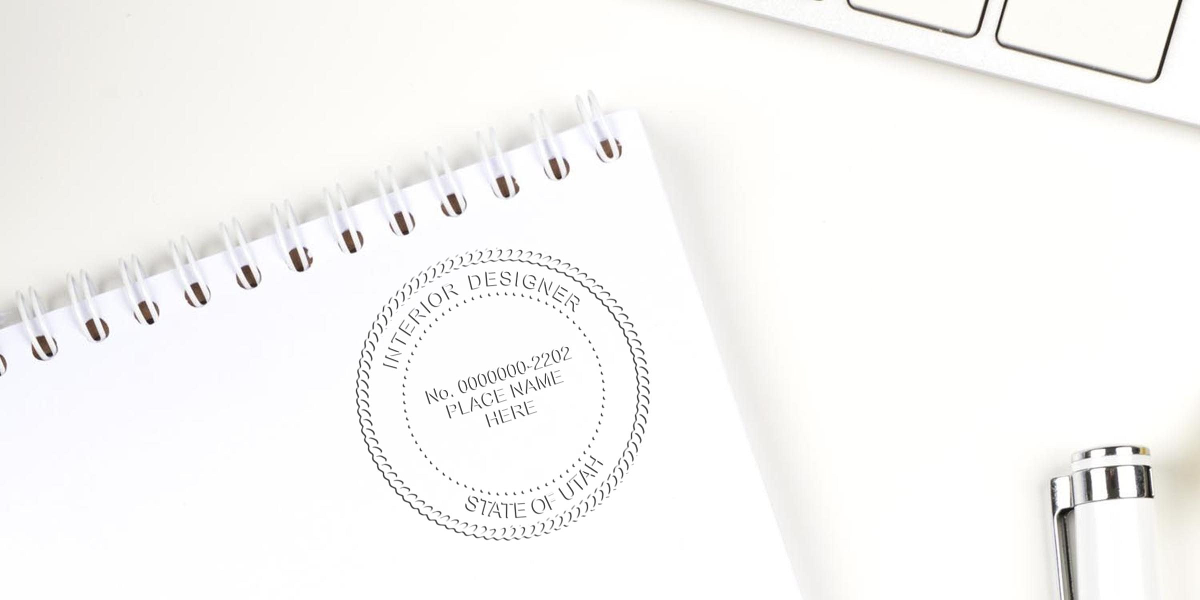 Utah interior designer’s stamp on spiral notebook beside white keyboard and pen, displaying professional certification and stamp details on desk.