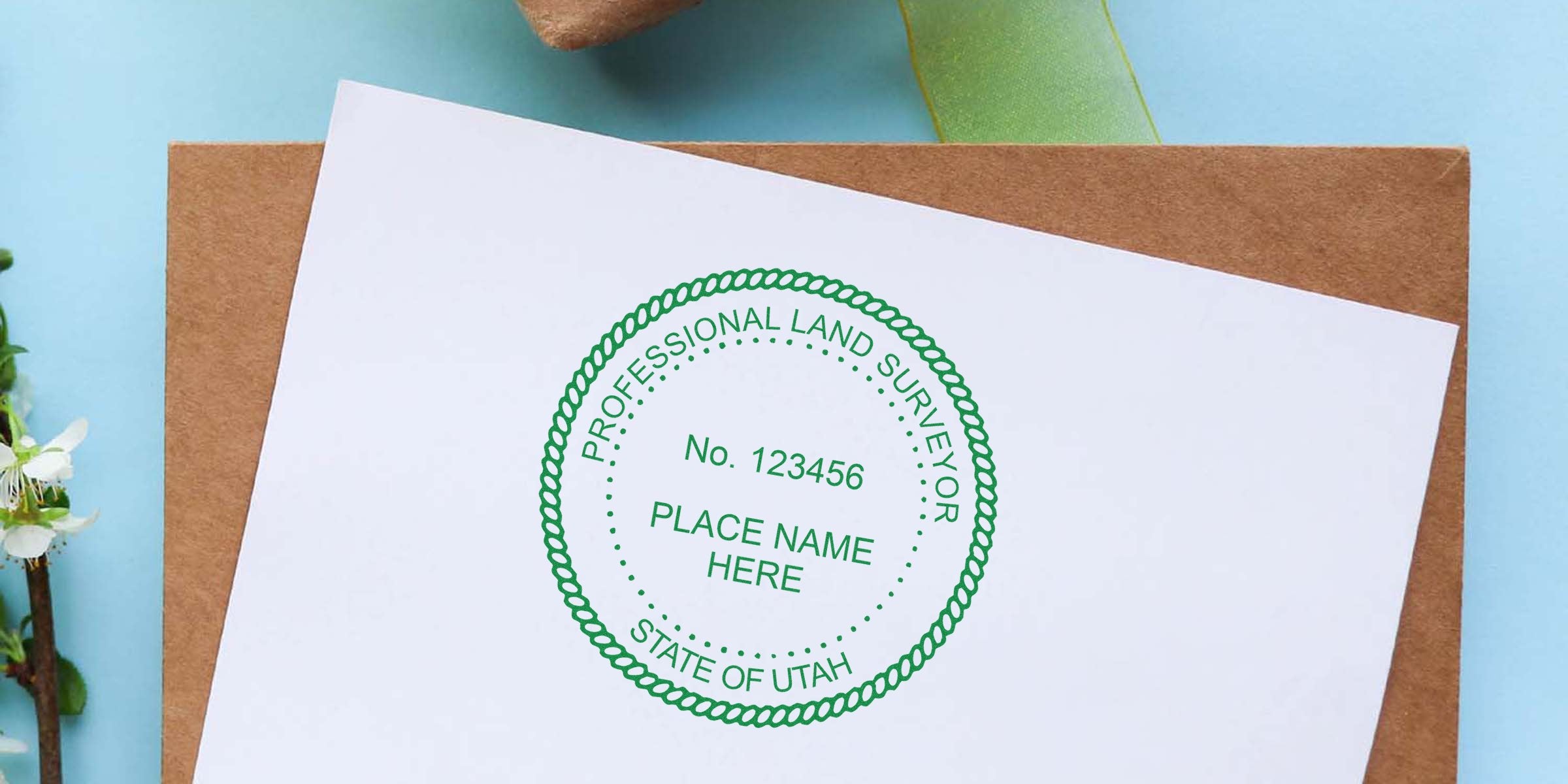 Professional land surveyor stamp on white paper showing compliance with Utah land surveyor stamp laws and regulations for land surveying services.