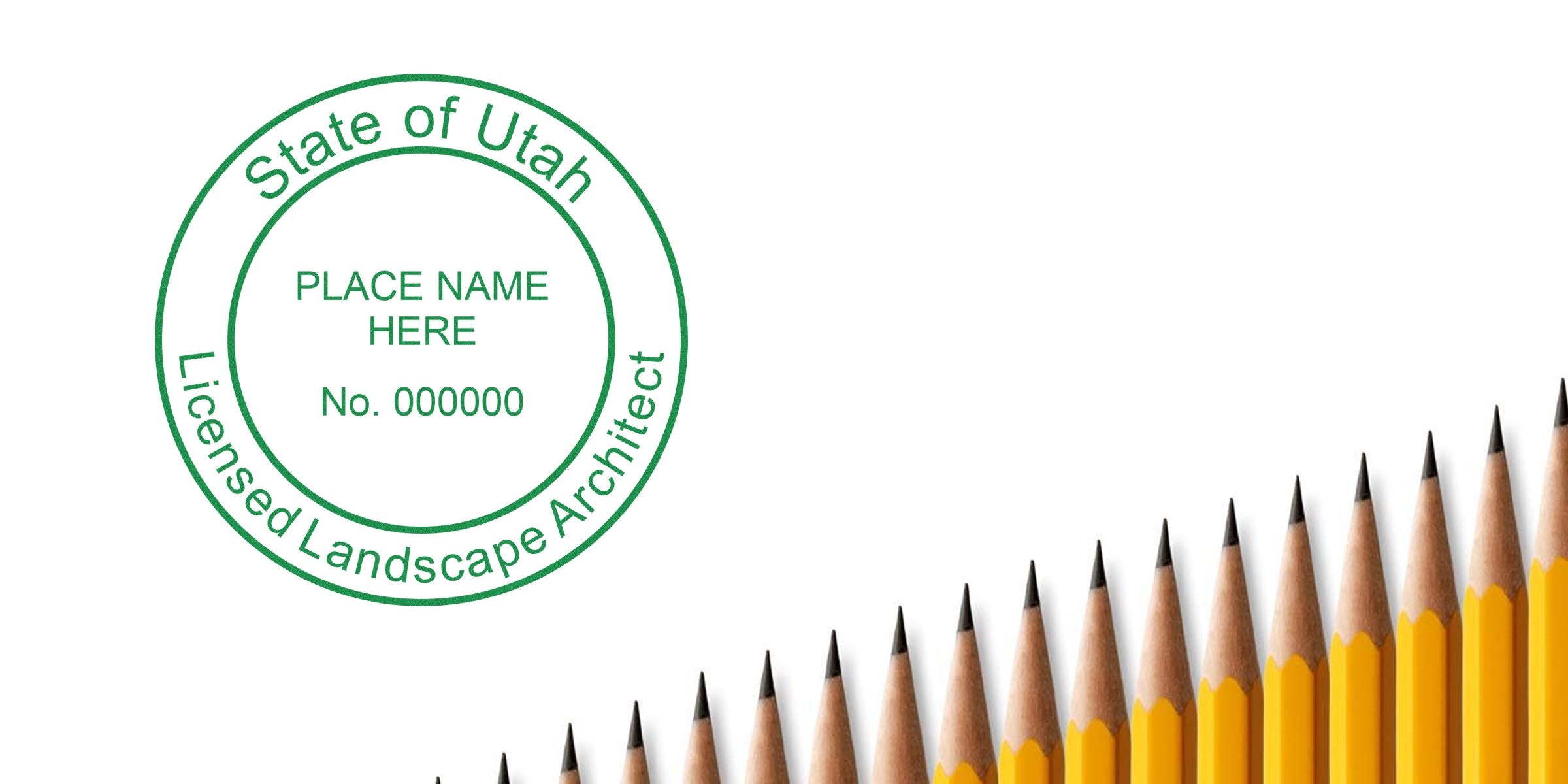 Utah licensed landscape architect stamp with sharpened yellow pencils, emphasizing Utah landscape architect guidelines and seal requirements.