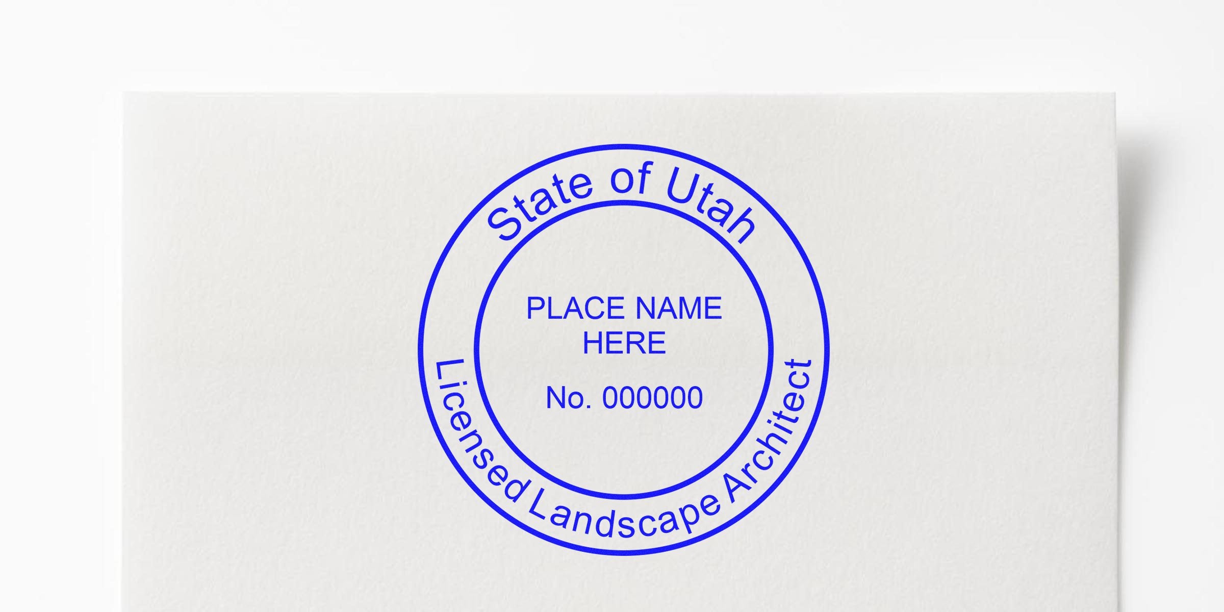 Utah landscape architect seal design displayed on a licensed architect stamp template, featuring place name and license number on white paper.