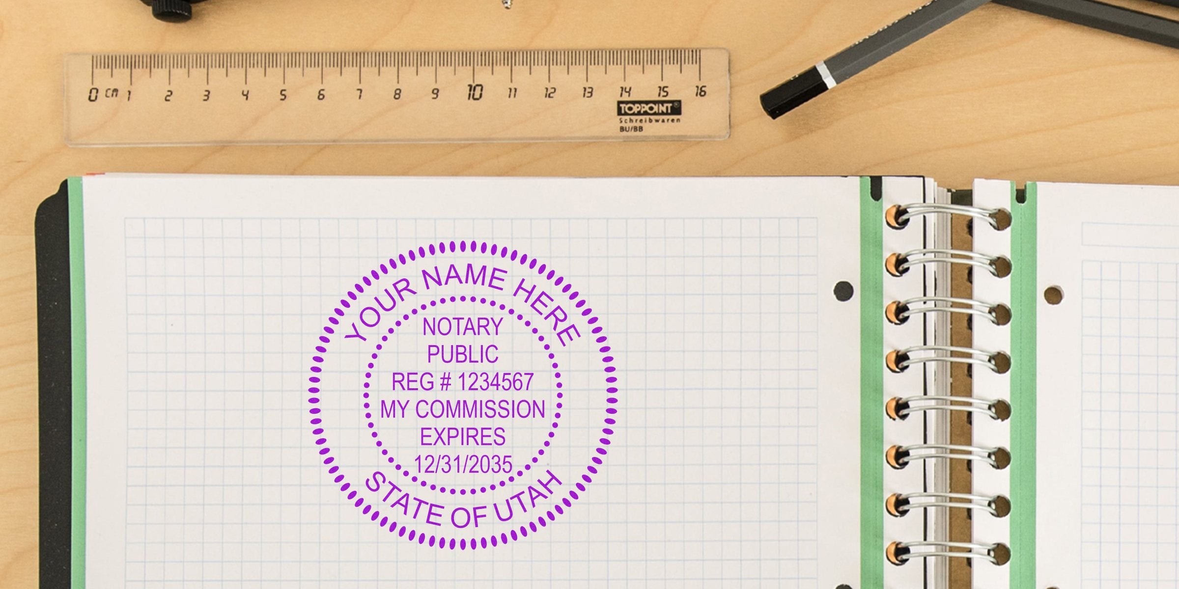 Utah notary supplies with a notary public stamp on notebook paper showing commission expiration, official Utah seal, and registration number—essential tools for legal document verification.