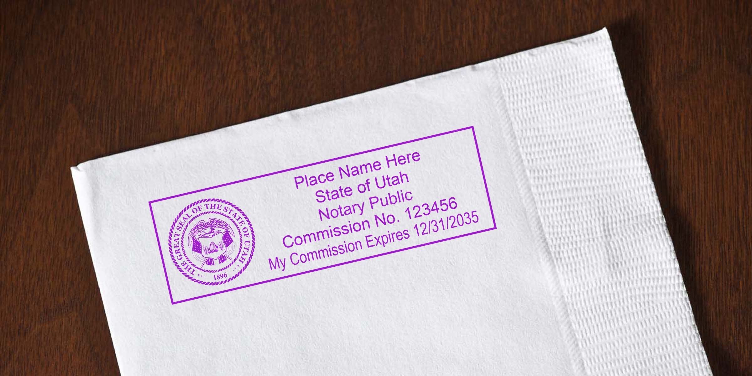 Utah notary public stamp on white napkin showing commission number and expiration date, complying with Utah notary stamp requirements and guidelines.