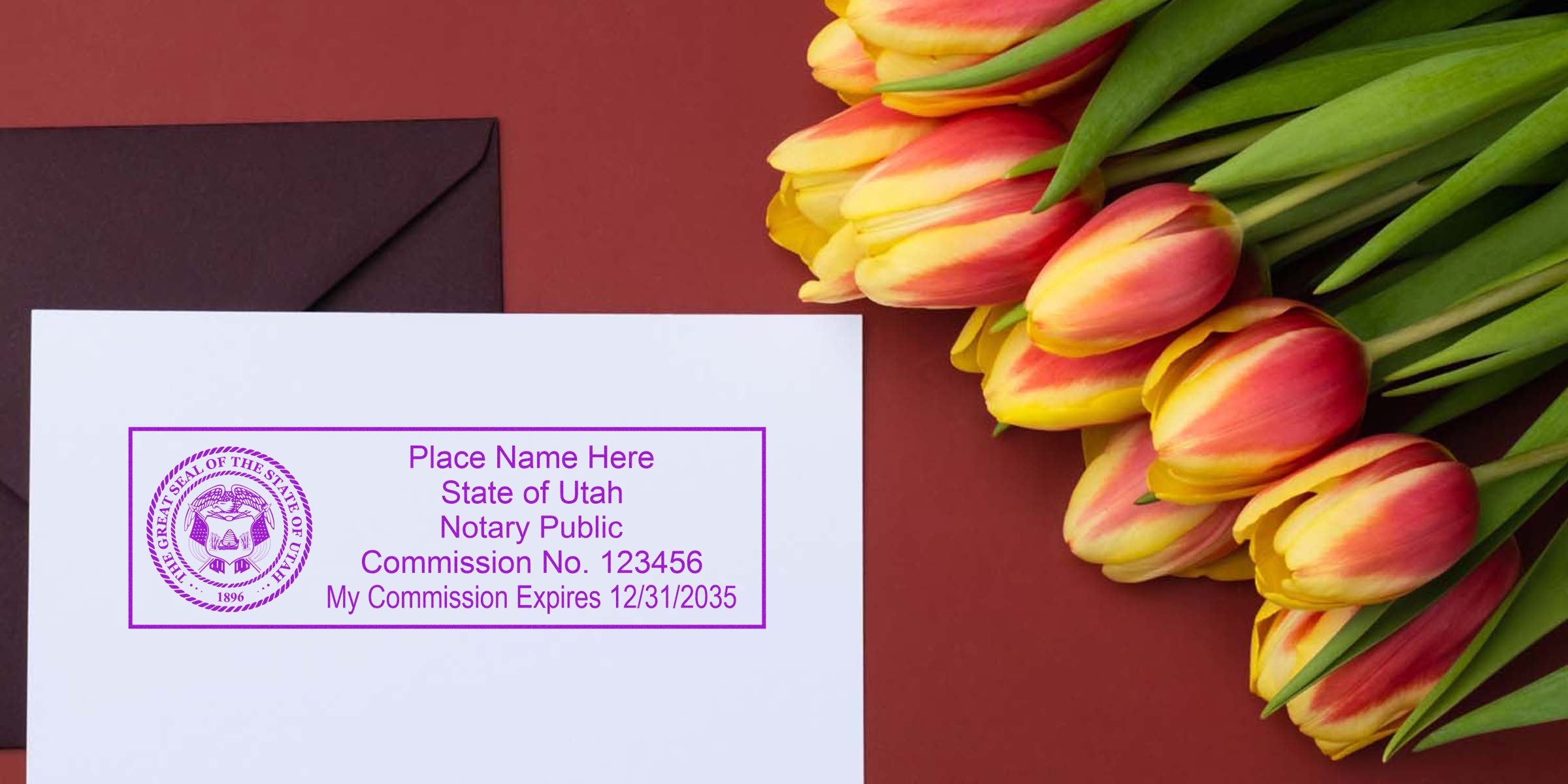 Utah notary stamp on white paper with yellow and red tulip bouquet on red background, highlighting where to buy notary stamps online.