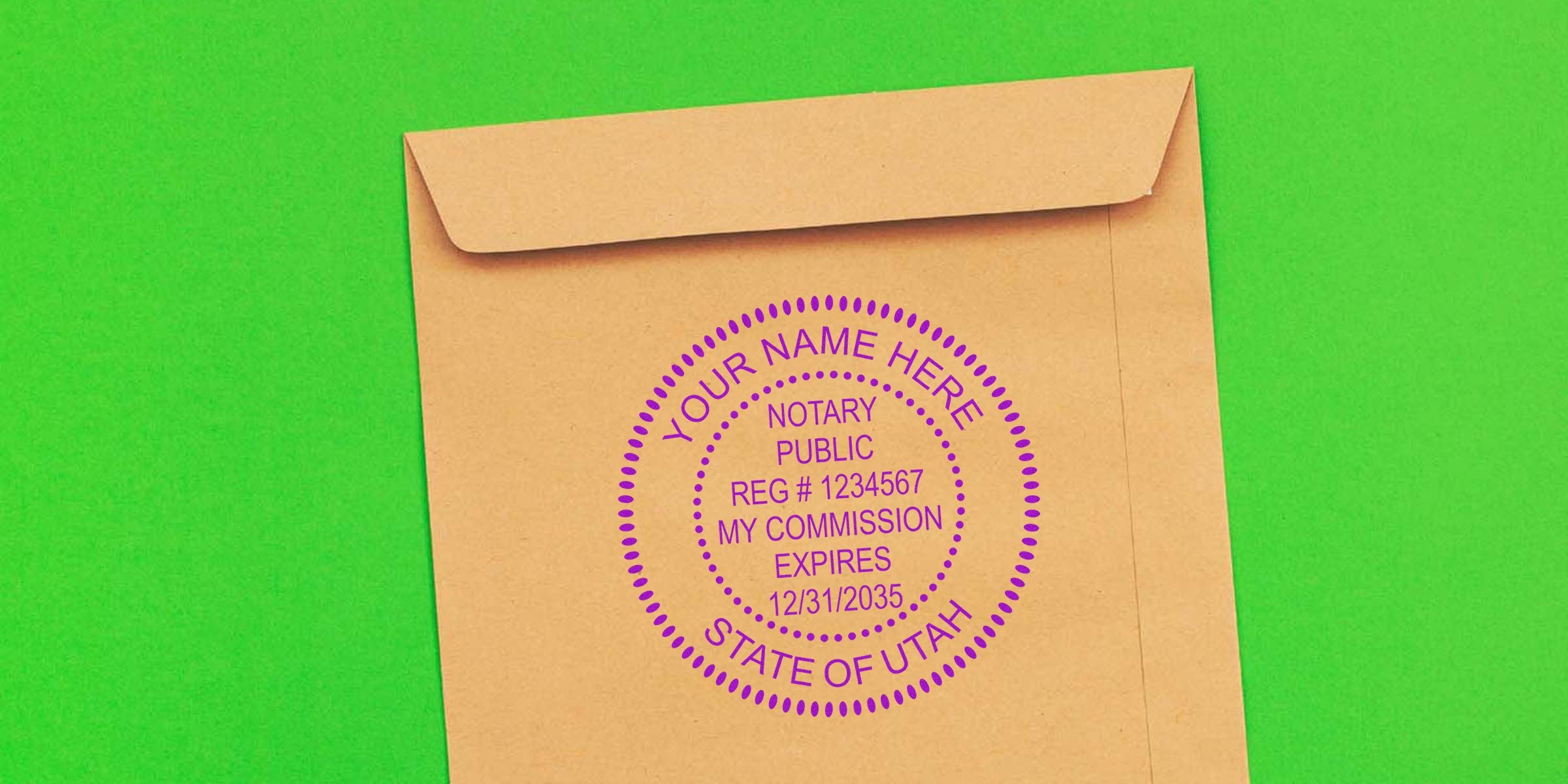 Notary public stamp on brown envelope showing Utah commission expiration, state seal, and official registration mark, related to becoming a notary in Utah and Utah notary guide.