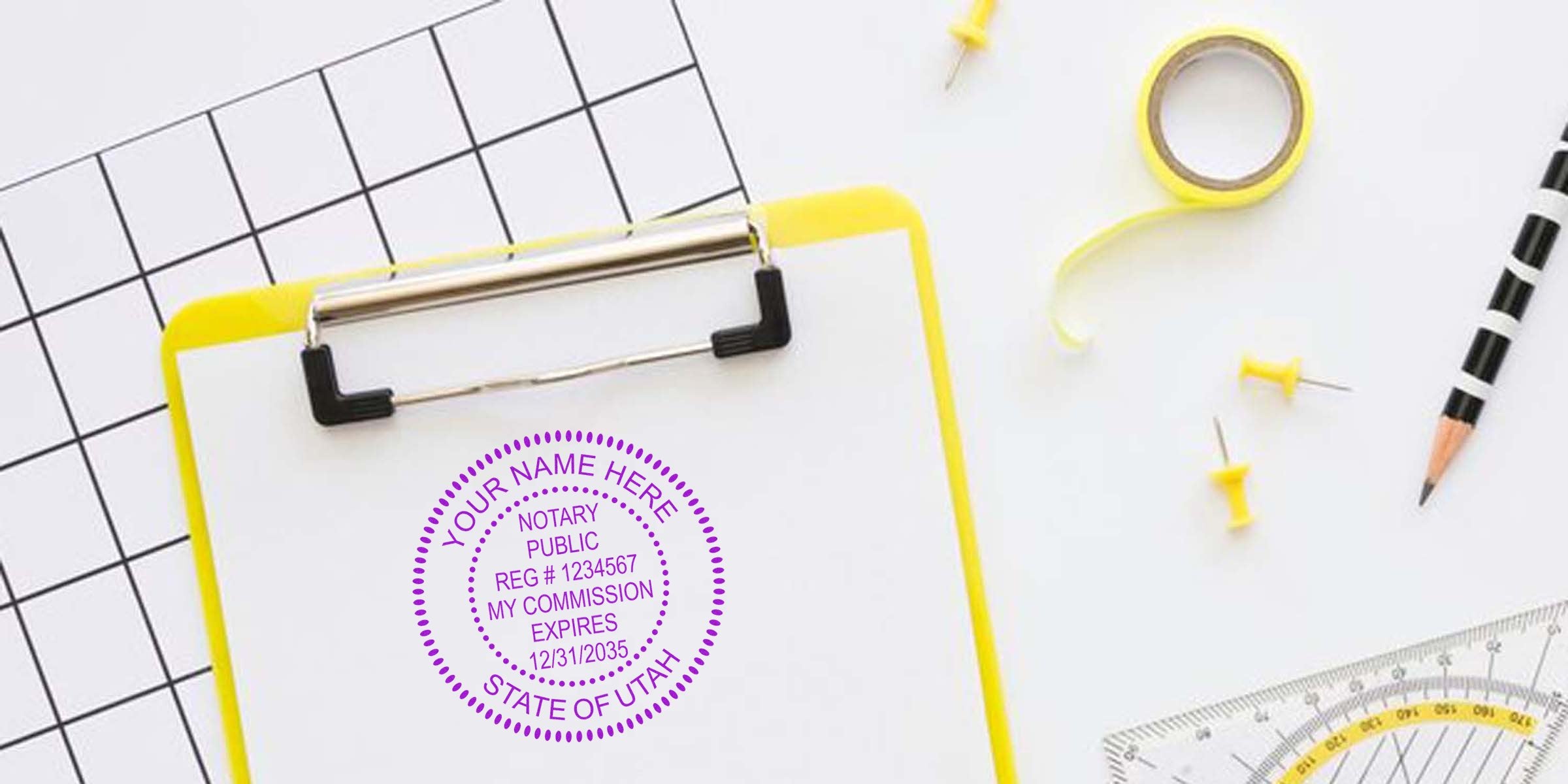 Utah notary stamp on clipboard with office supplies, showing notary commission expiration and registration, plus reliable stamp tips.