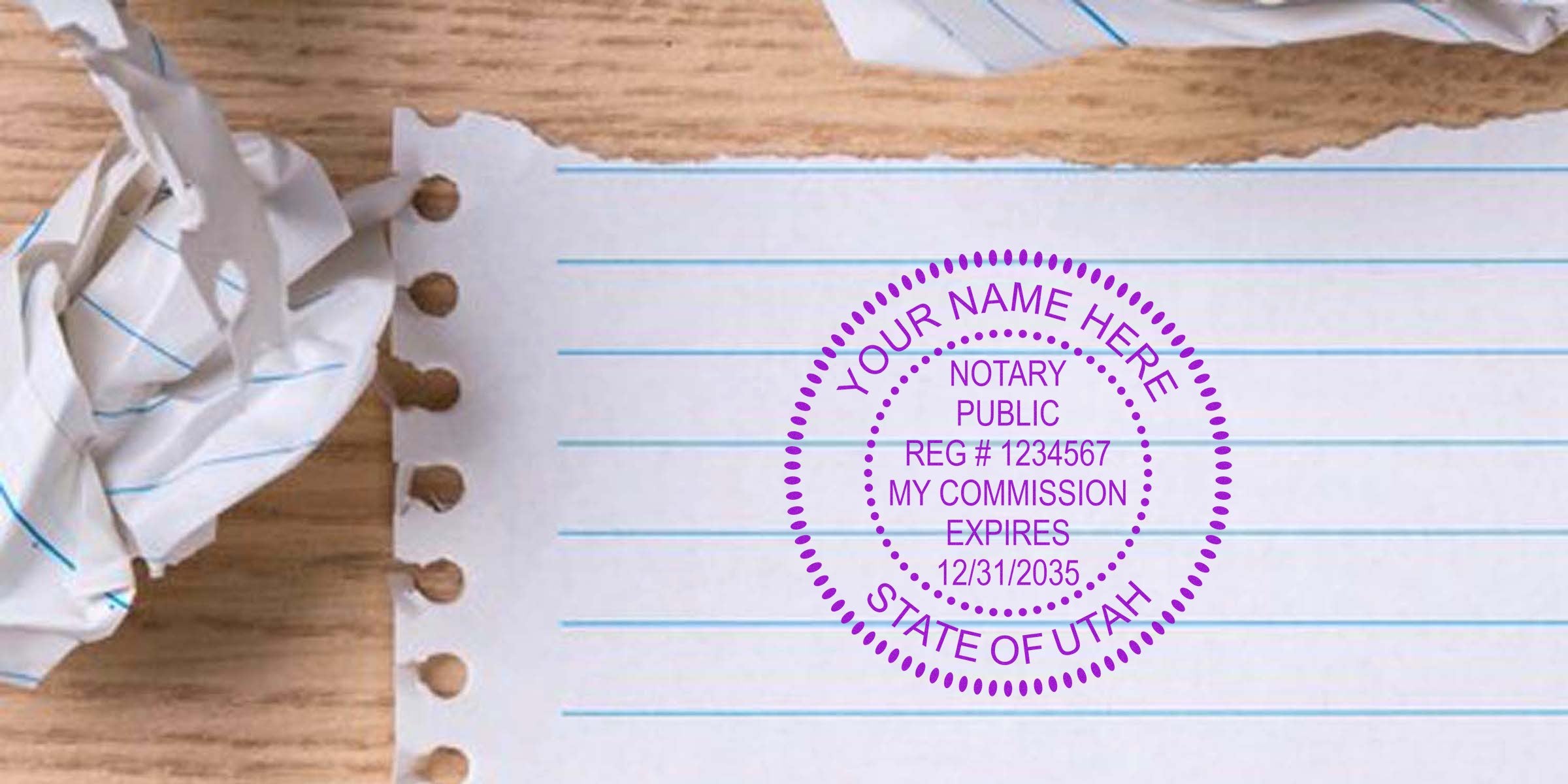 Notary Seal Utah on torn notebook paper with crumpled paper on wooden desk, showing Utah Notary Requirements and official notary public stamp.
