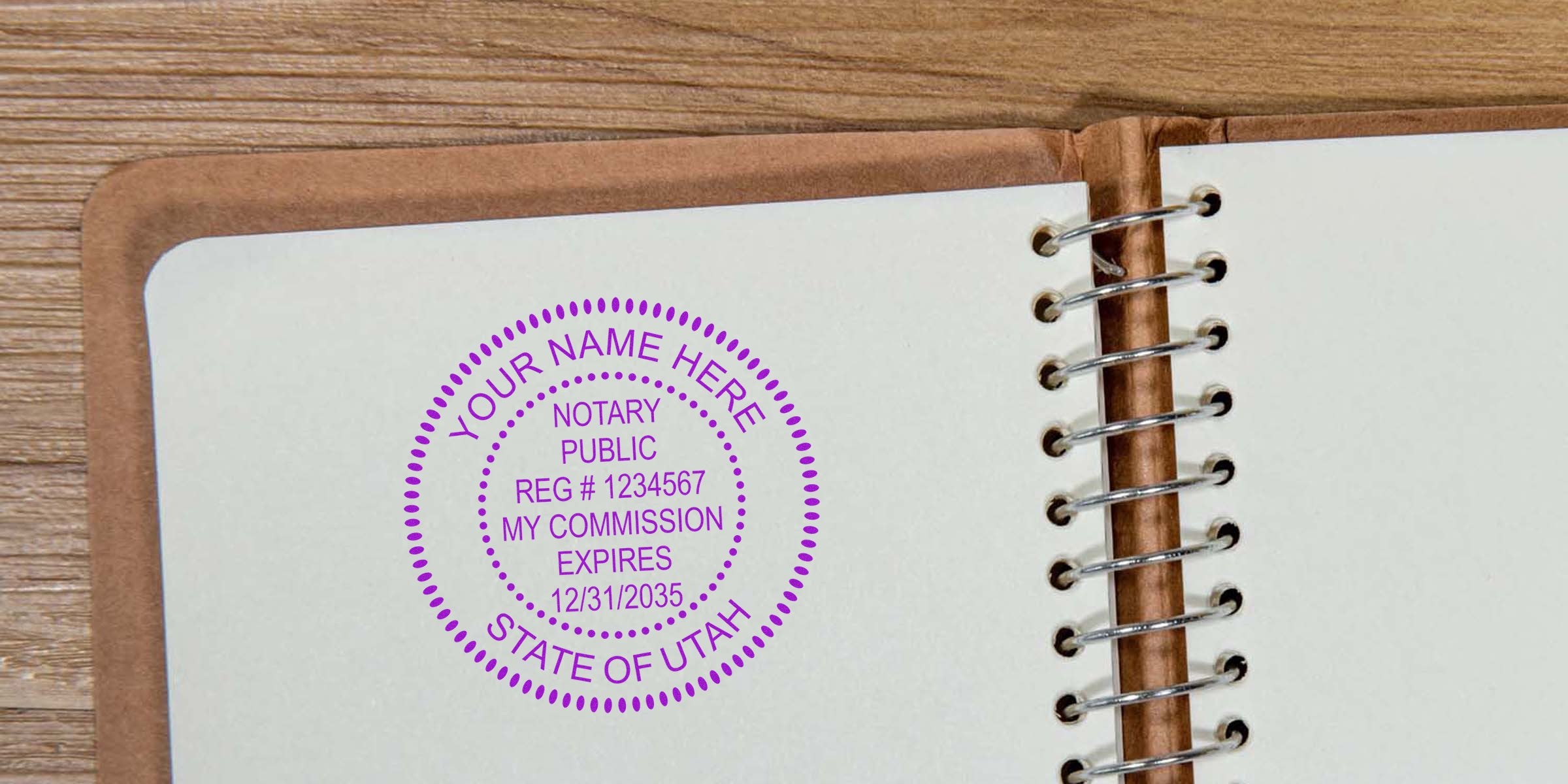 Custom Utah notary stamp on notebook page, with personalized state seal and commission expiration date—essential supplies for every Utah notary professional.
