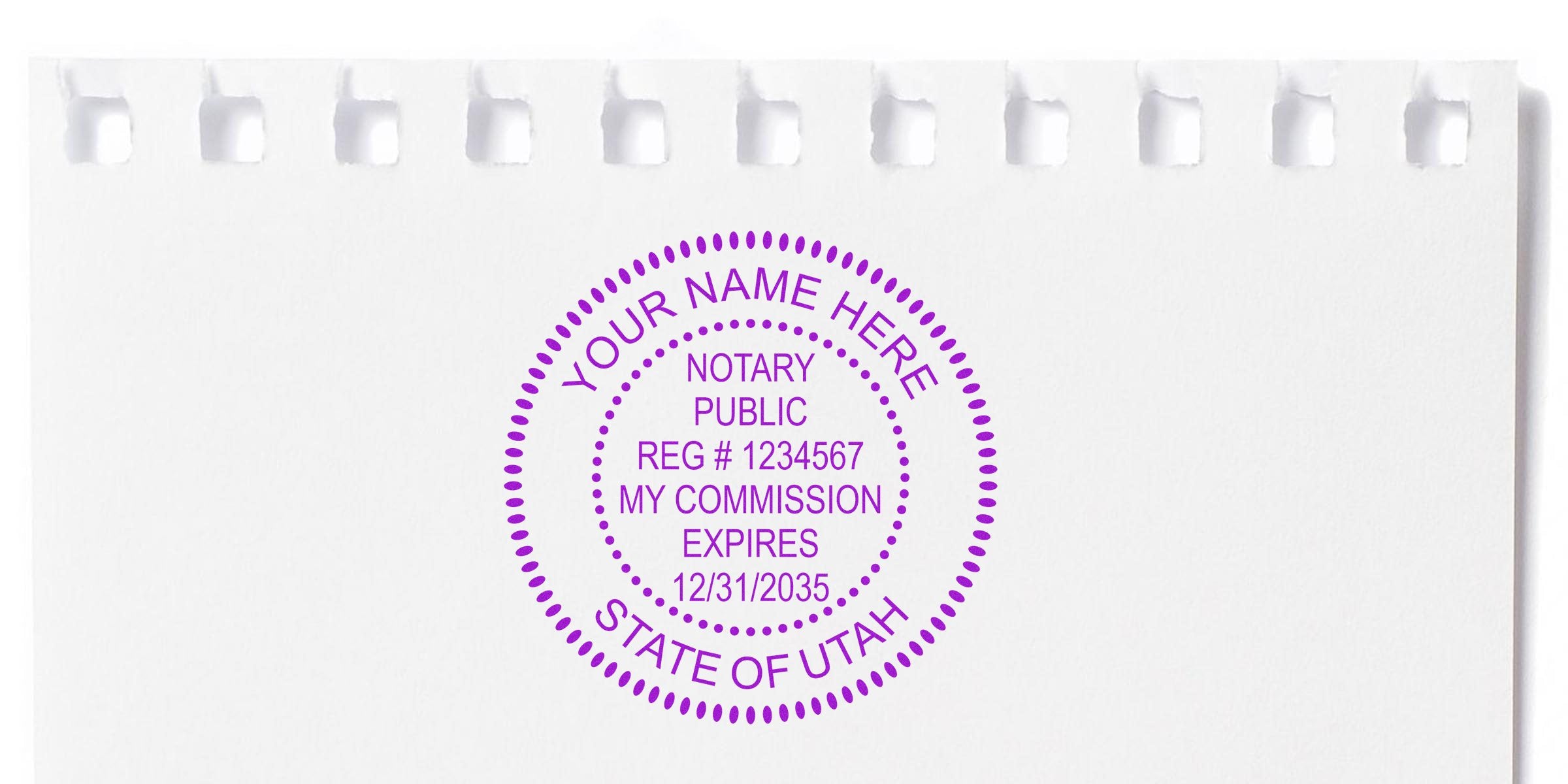 Utah notary seal stamp on white paper displaying commission expiration date, complying with Utah notary public rules.