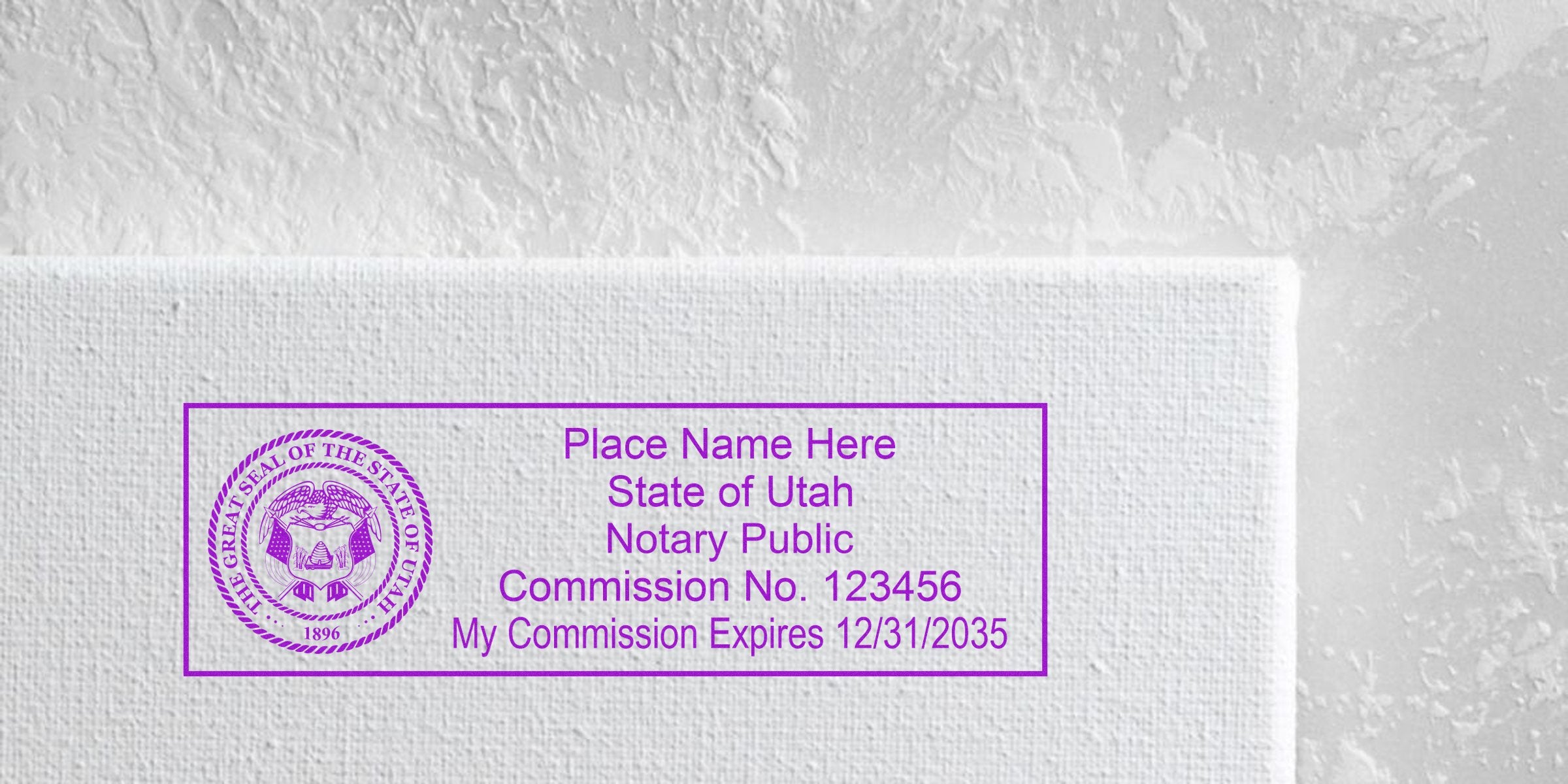 Utah notary stamp with commission number and expiration date on white textured paper, per notary seal guide.