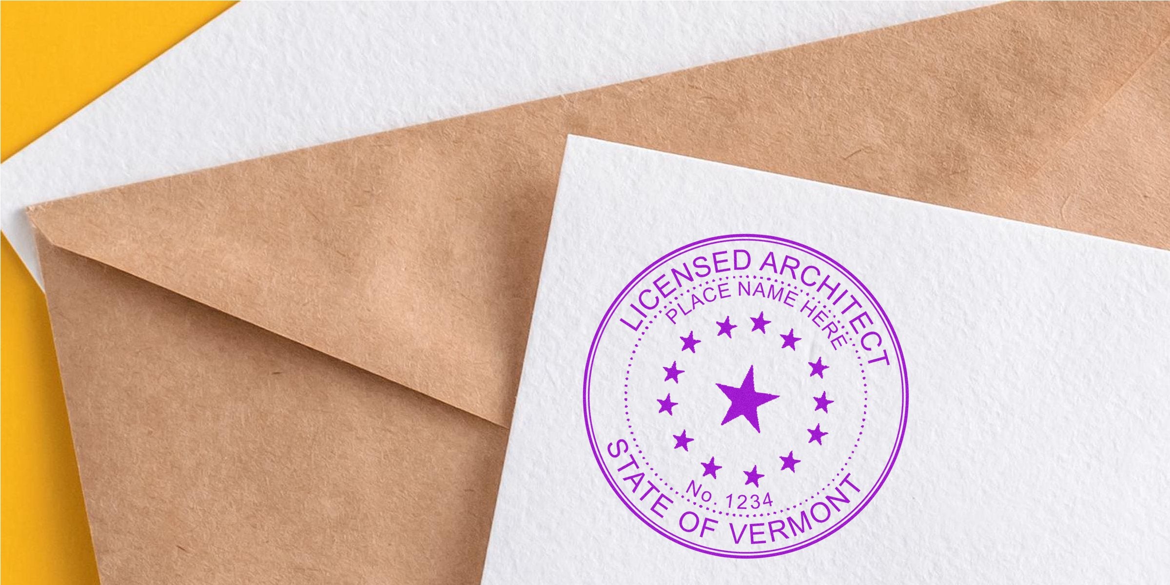 Licensed architect stamp on white paper with brown envelope, showing Vermont architect seal and meeting Vermont architect seal requirements.