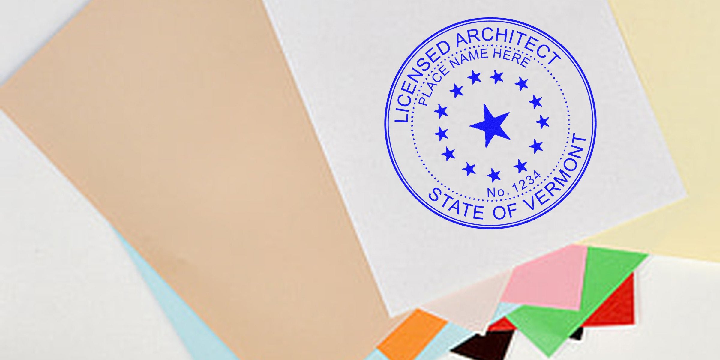 Licensed architect stamp on colorful paper with Vermont architect seal for license verification, per seal stamping guidelines.
