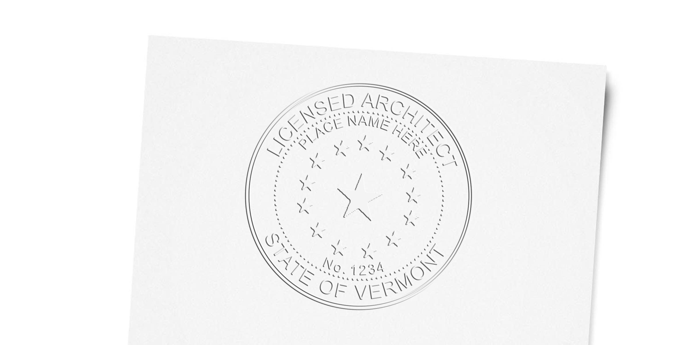 Embossed Vermont architect seal on white paper, showing licensed architect certification with seal size for verification.