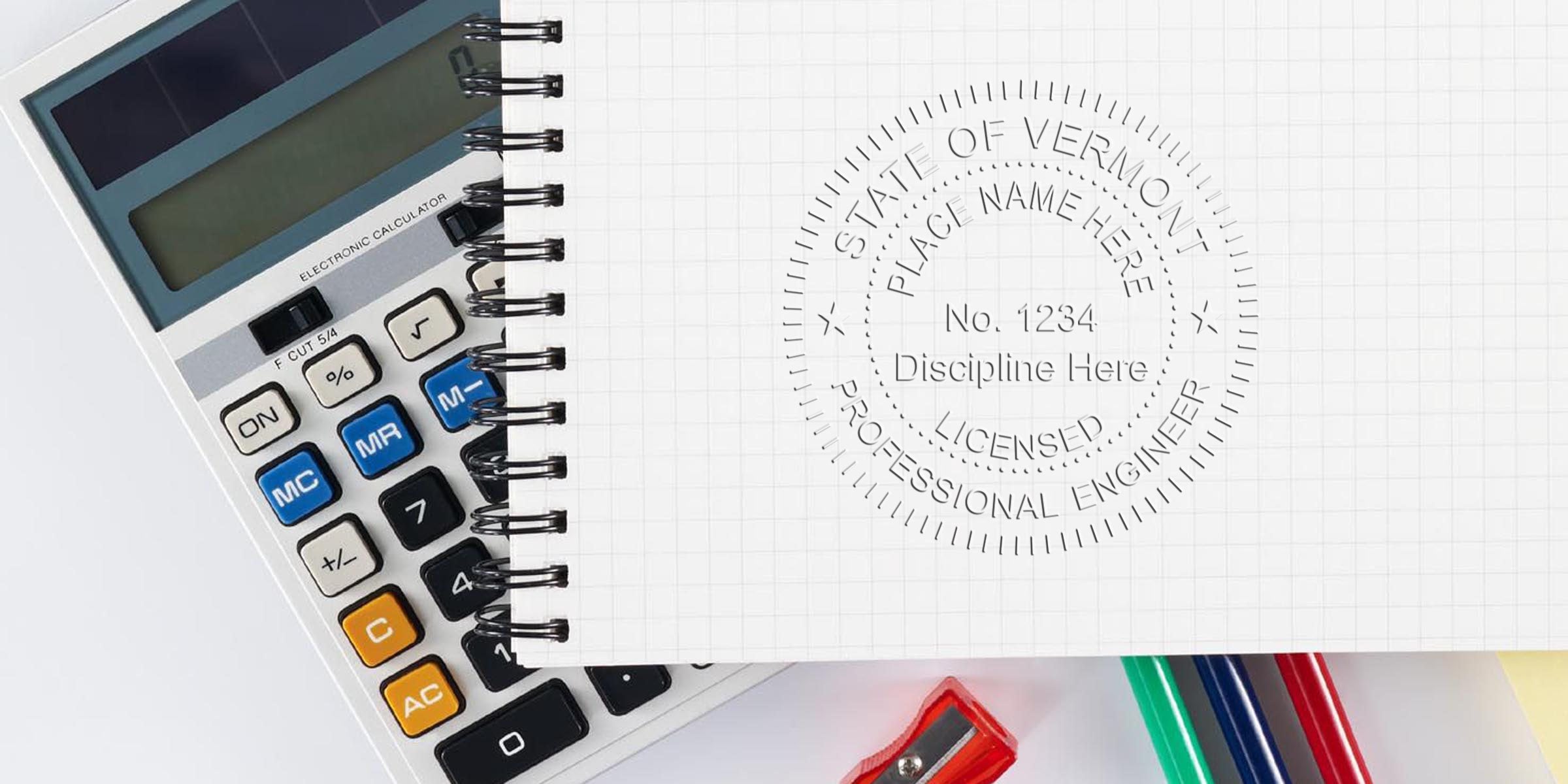 Calculator and notebook with Vermont engineer seal embosser and professional engineering seal for Vermont certification.