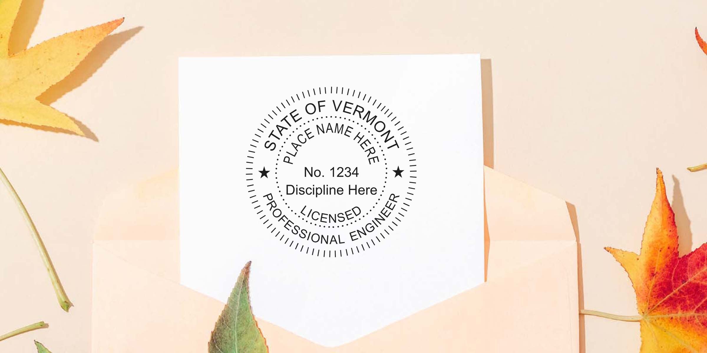 Vermont professional engineer seal stamp on white paper, surrounded by autumn leaves, showcasing Vermont engineer stamps and the professional engineer seal.