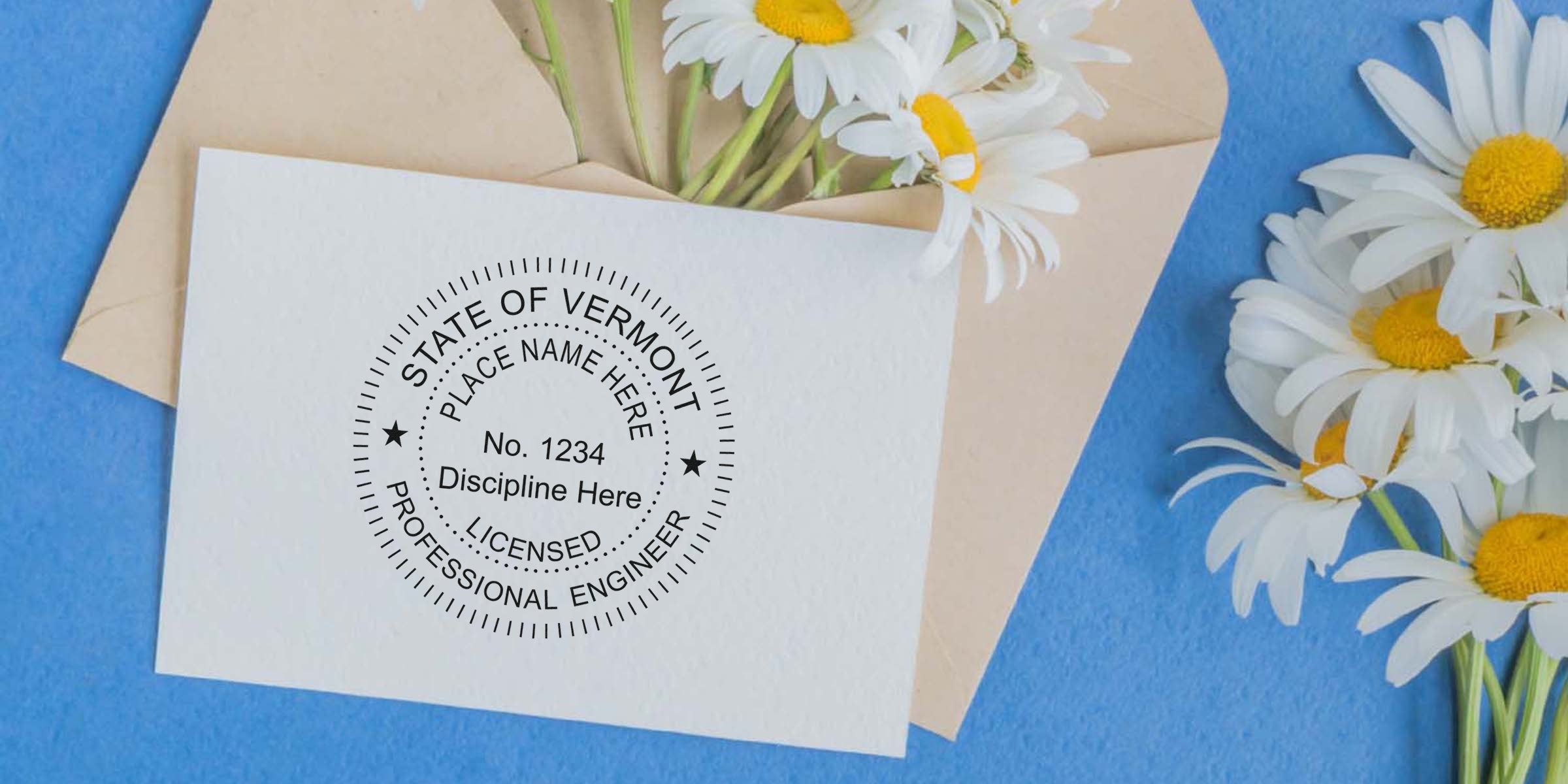 Licensed Professional Engineer Vermont PE stamp on white card with daisies and envelope on blue background, showing PE stamp order checklist.