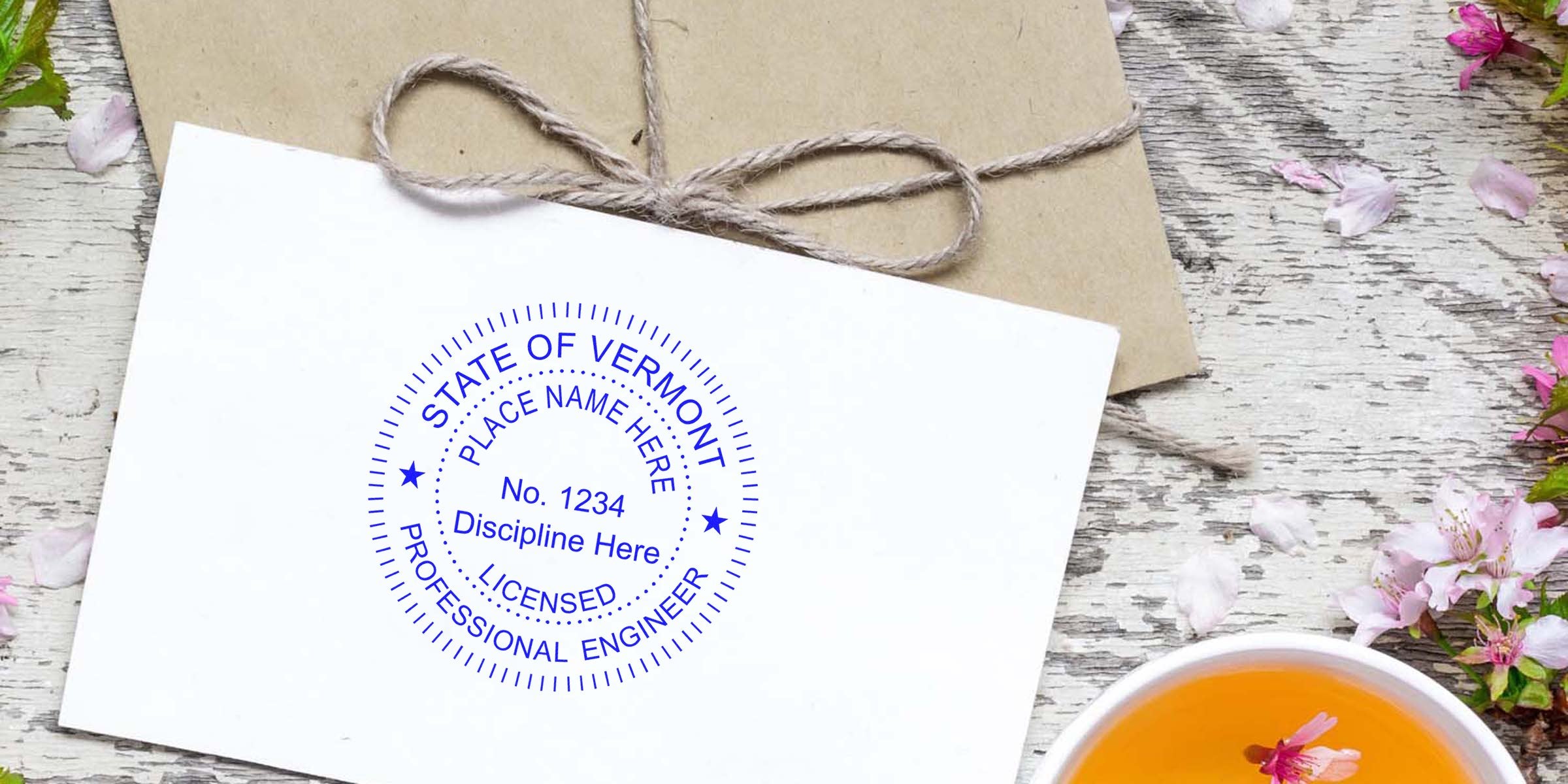 Vermont Professional Engineer stamp on white paper with tea and flowers on a rustic wooden table, plus tips for buying engineer stamps.