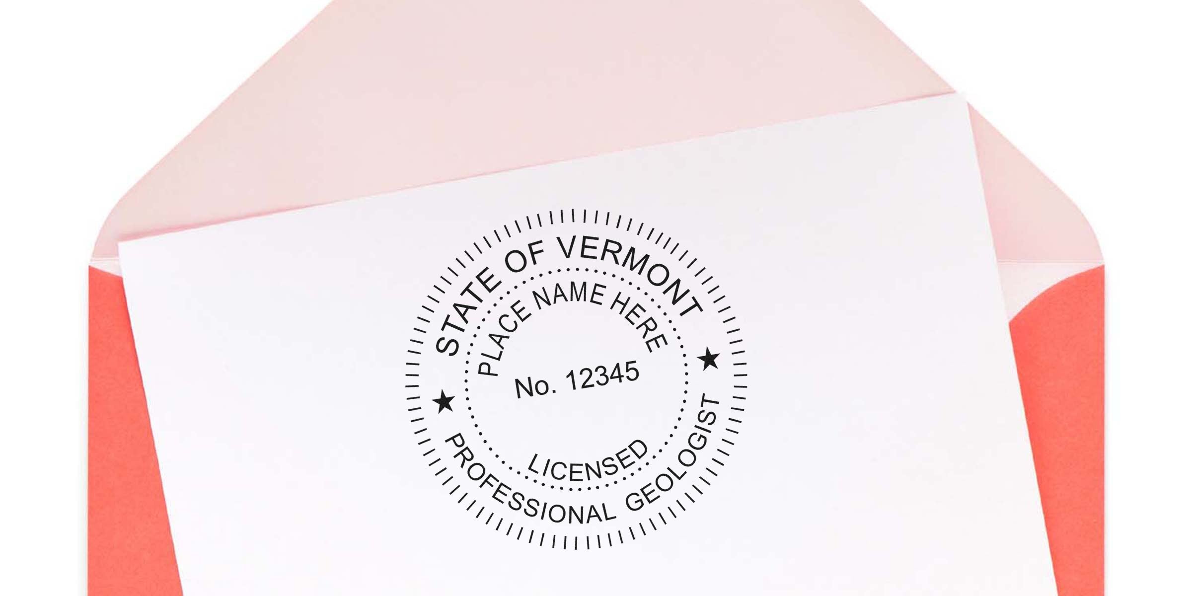 Custom Vermont geologist seal stamp on white paper with red envelope, featuring the licensed professional geologist seal of Vermont.