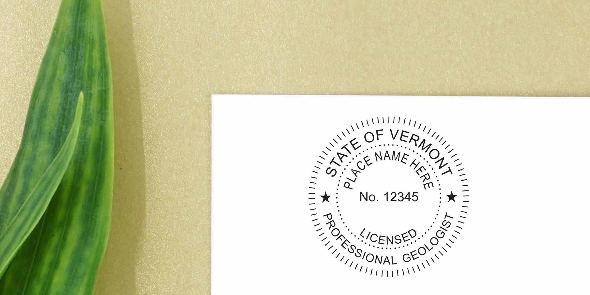 Vermont licensed professional geologist seal on white paper with green leaf background, displaying the Vermont geologist seal and its specifications.