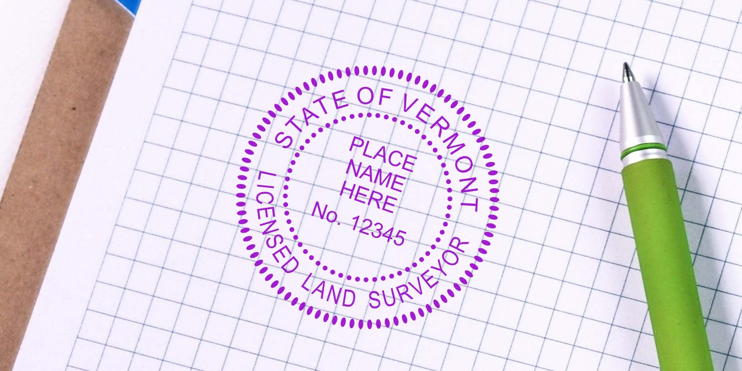 Vermont land surveyor seal stamped on graph paper in green ink, showing professional land surveying certification and official surveyor seal template.