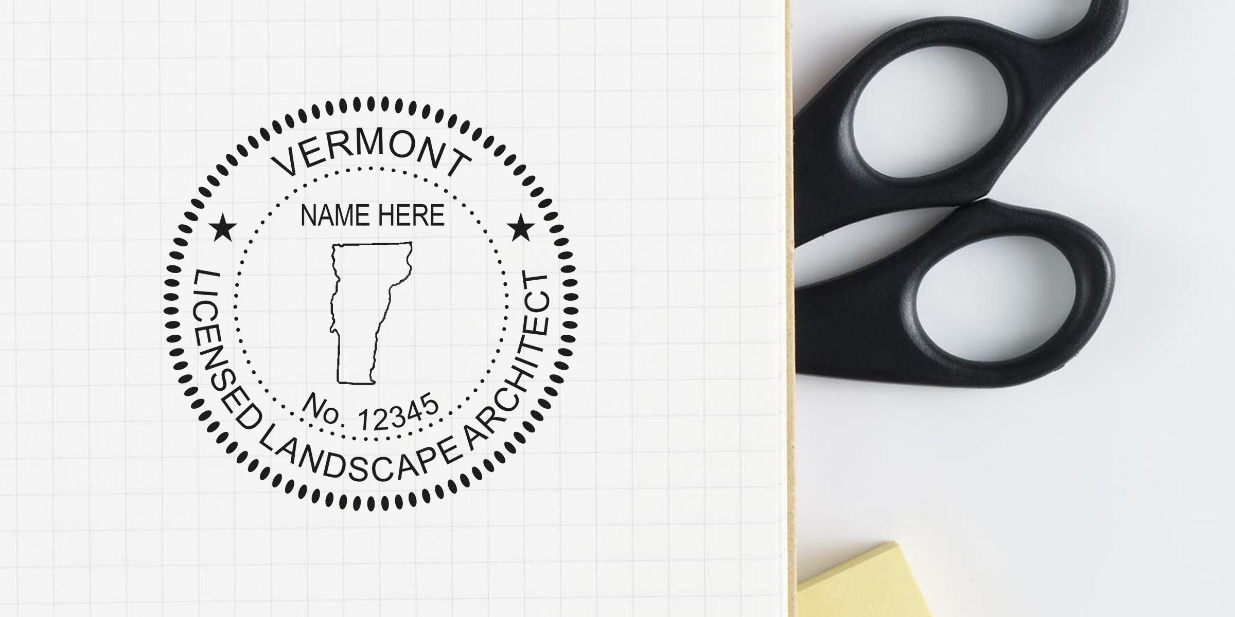 Vermont landscape architect stamp design with state outline, customizable name and license number on grid paper, black scissors, yellow sticky note, plus online purchase guide for Vermont landscape architect stamps.