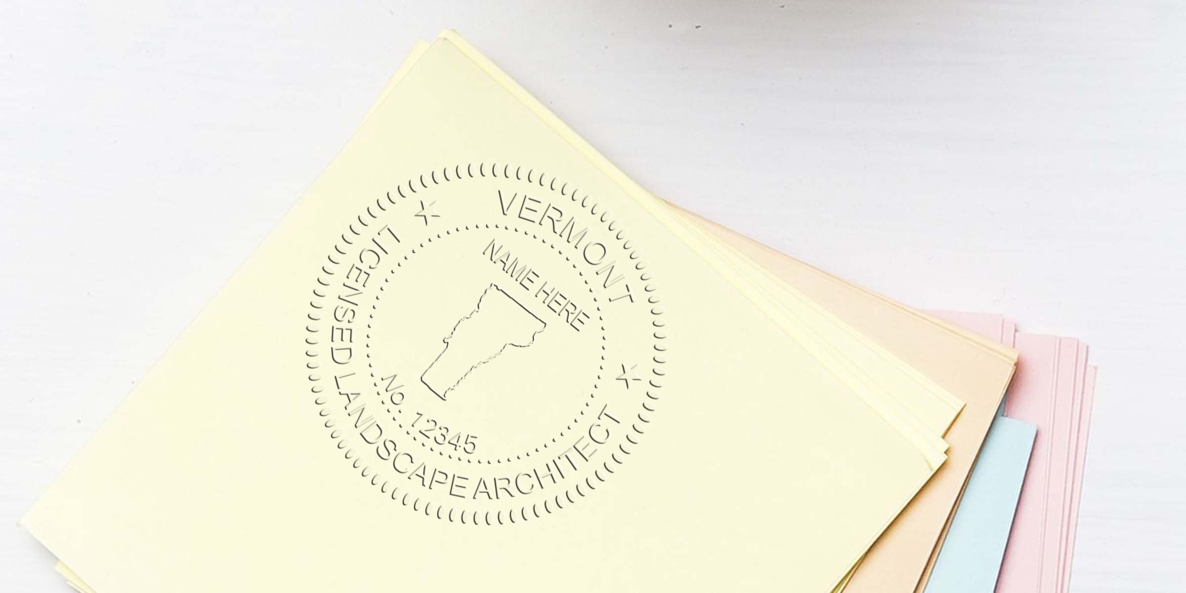 Custom Vermont landscape architect stamps on pastel papers, showcasing Vermont landscape architect licensing.