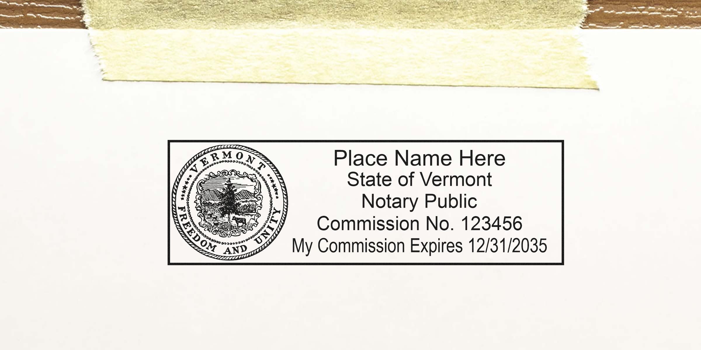 Vermont notary public stamp on white paper displays commission number and expiration date, complying with Vermont notary seal requirements.