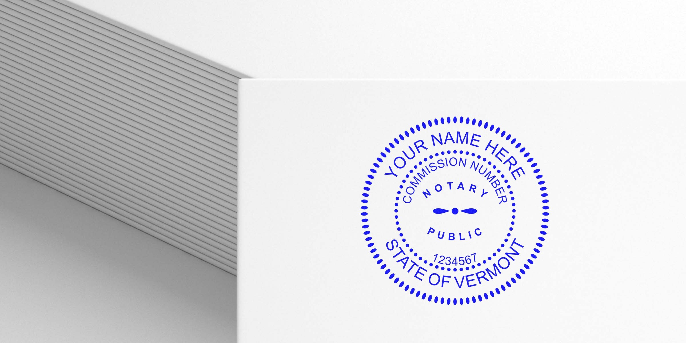 Custom Vermont notary seal stamp with commission number, essential for public documents and key Vermont notary supplies and tools.
