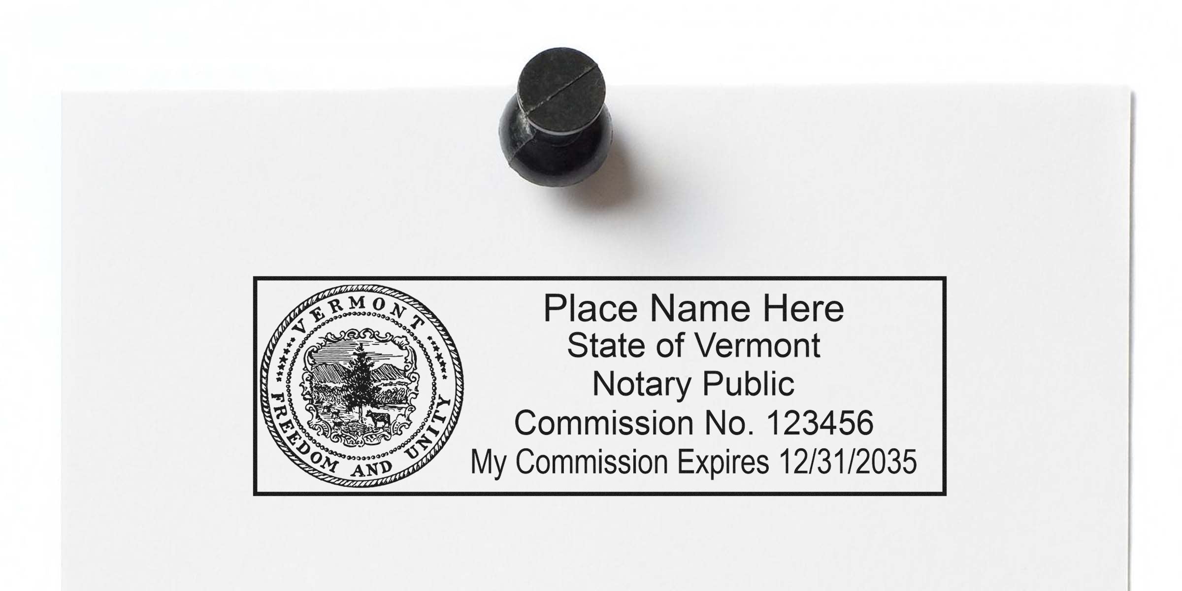 Vermont notary public stamp showing commission number and expiration date on white paper, complying with Vermont notary seal rules.