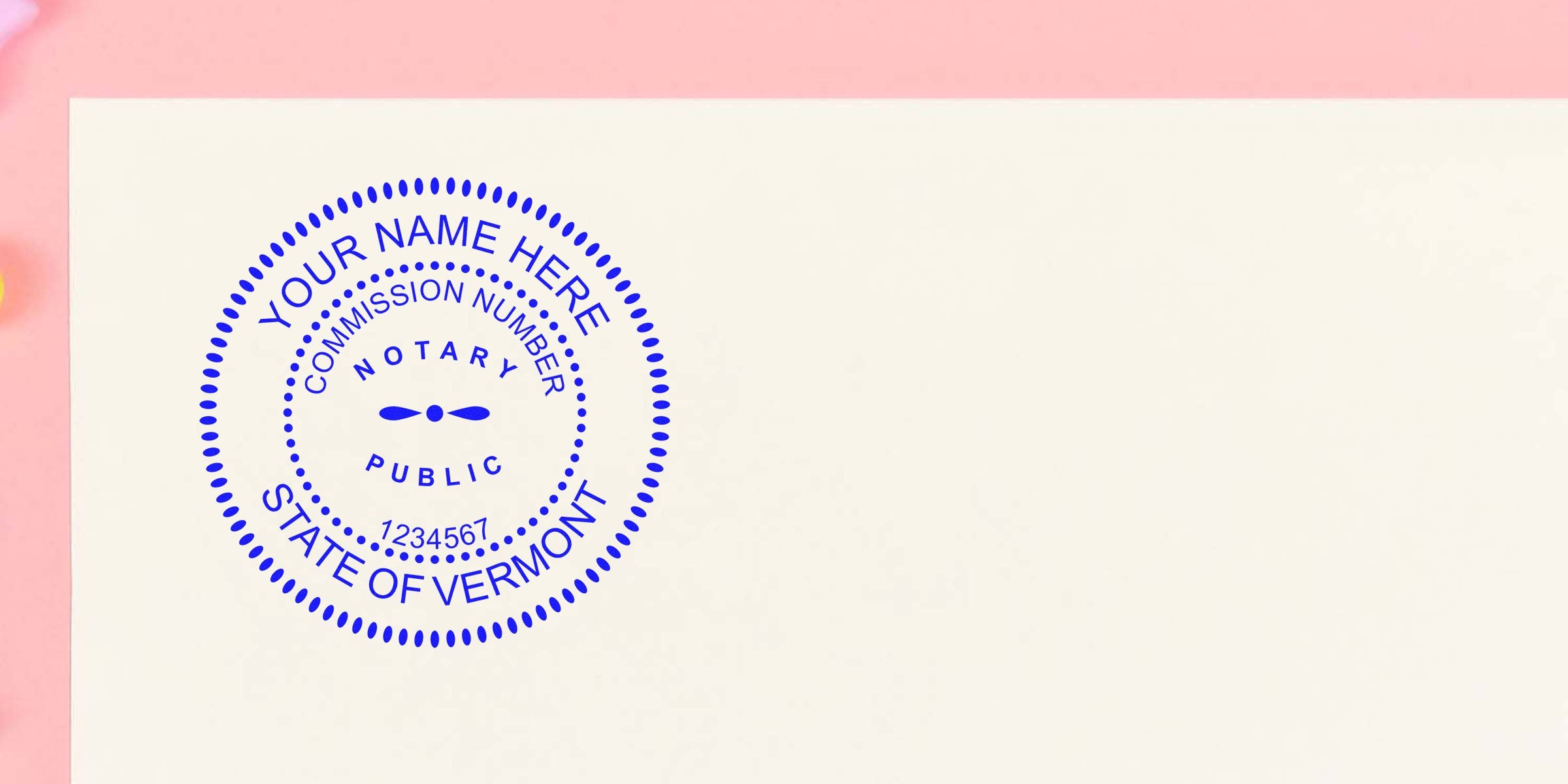 Vermont notary public stamp on white paper with commission number and name placeholder, related to Vermont notary stamp renewal and expiration.