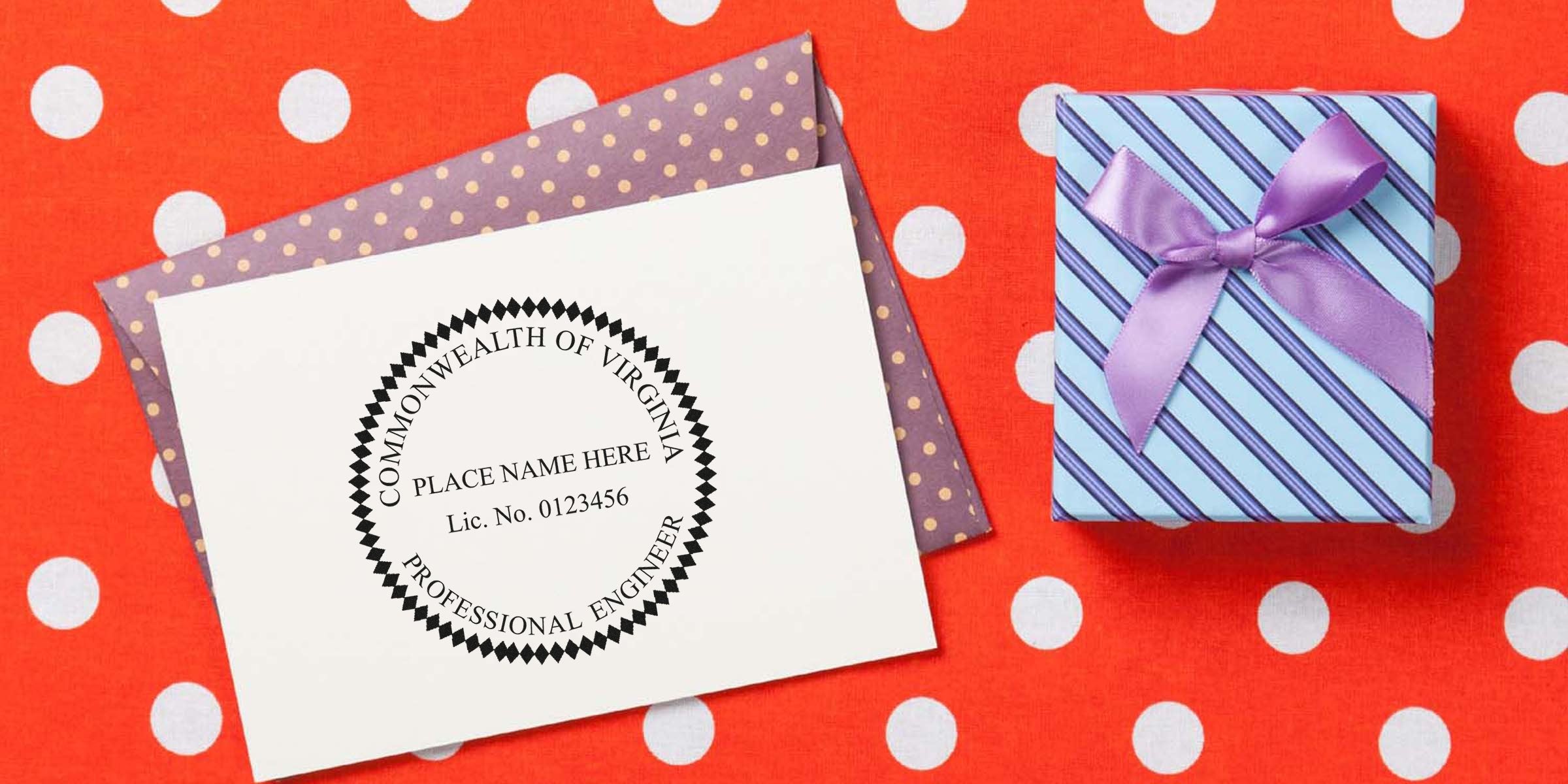 Virginia PE Seal embossed on white card beside purple polka dot envelope and striped gift box with purple ribbon, on red polka dot background, with PE Embosser Guide.