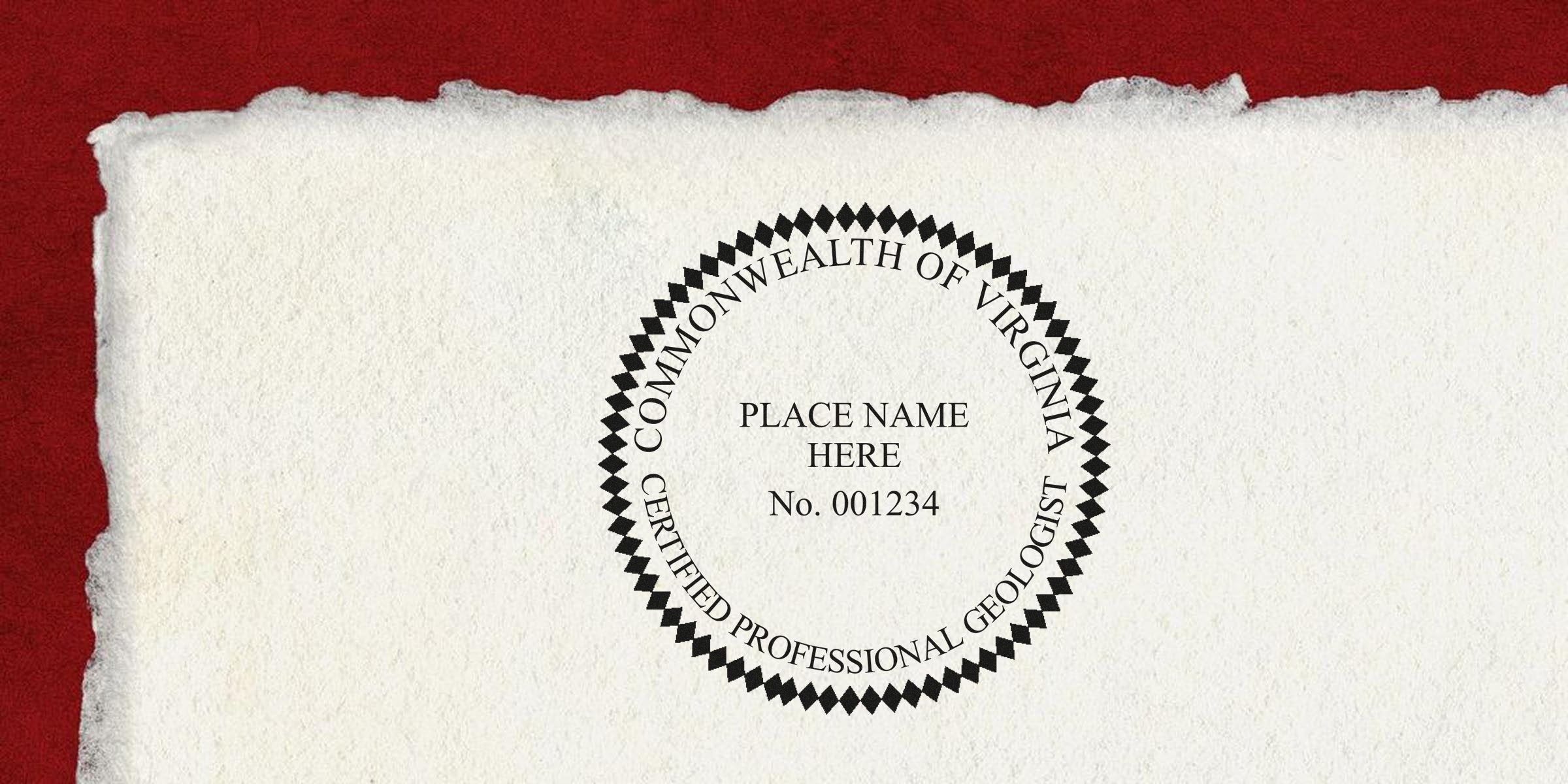 Official Geologist Certification seal of the Commonwealth of Virginia on textured paper with a red background, displaying the Virginia Geologist Seal.